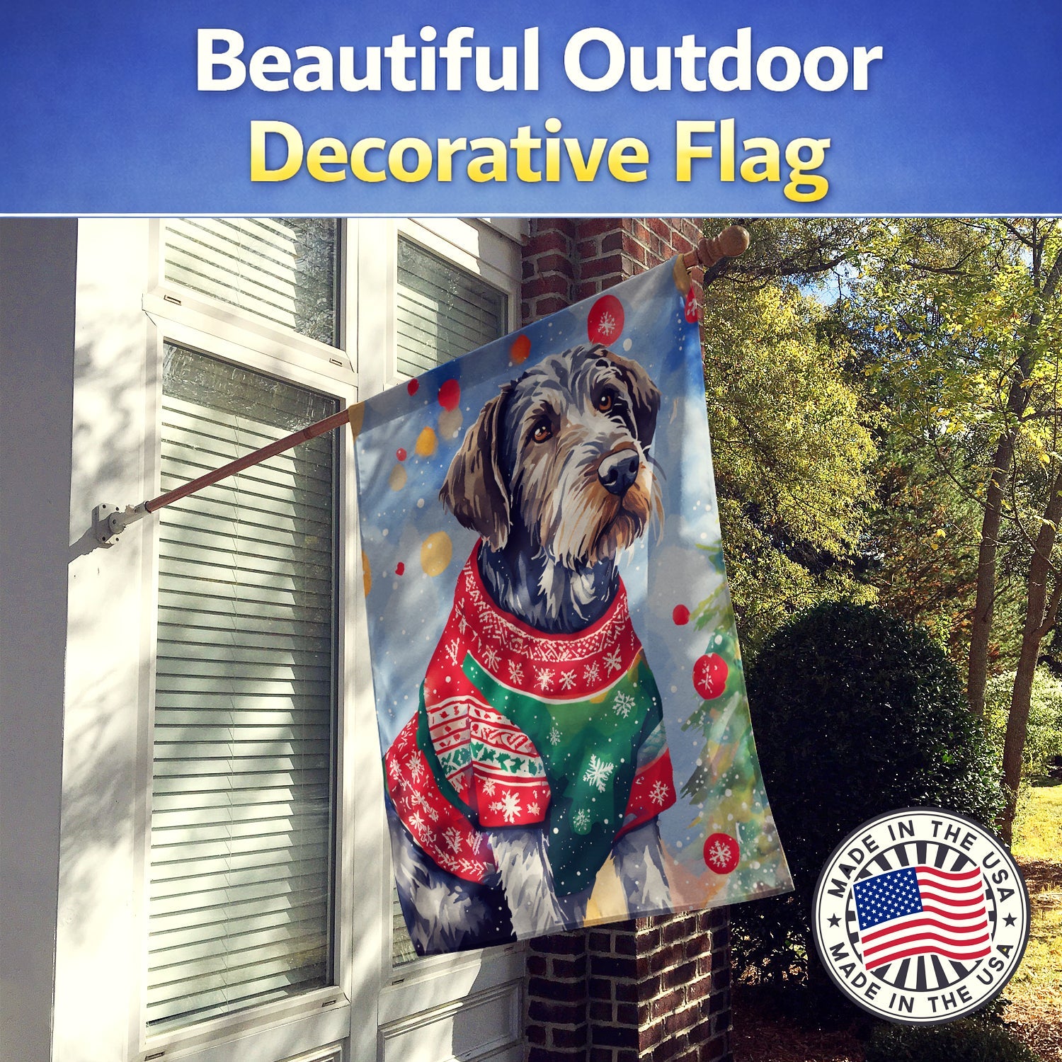 German Wirehaired Pointer Christmas House Flag 28x40 Porch Sleeve Pole Decorative Outside Yard Banner Artwork Wall Hanging, Polyester