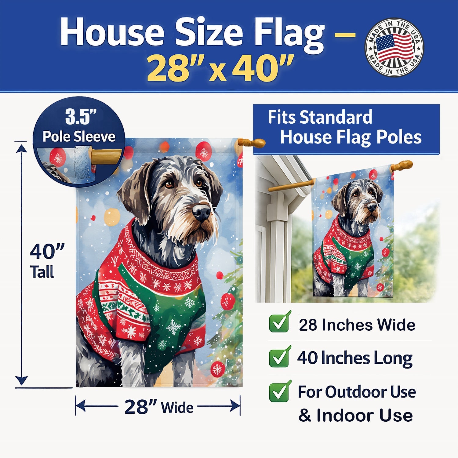 German Wirehaired Pointer Christmas House Flag 28x40 Porch Sleeve Pole Decorative Outside Yard Banner Artwork Wall Hanging, Polyester