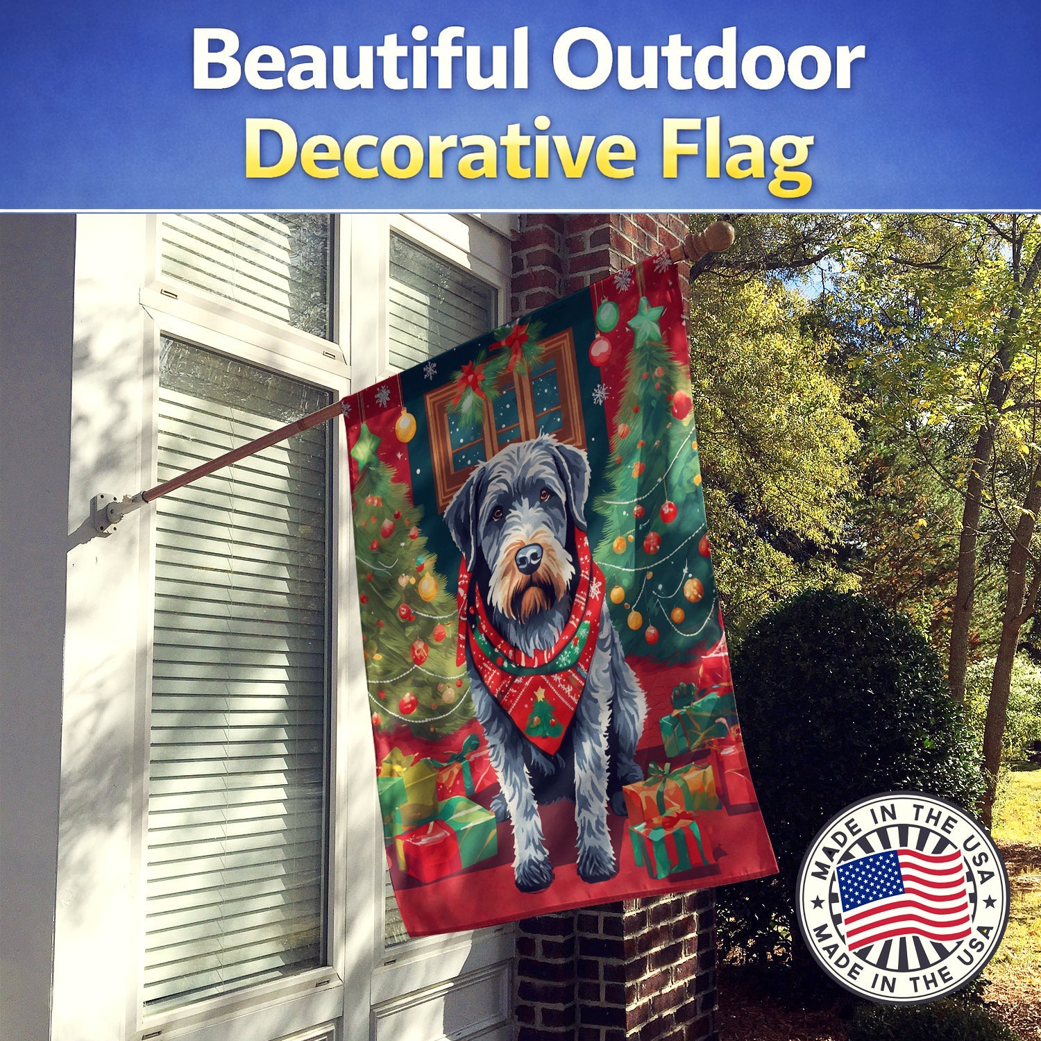 German Wirehaired Pointer Christmas House Flag 28x40 Porch Sleeve Pole Decorative Outside Yard Banner Artwork Wall Hanging, Polyester