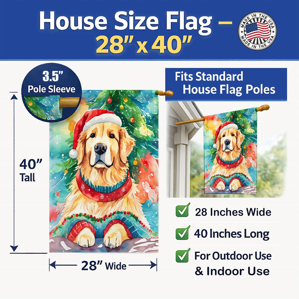 Golden Retriever Christmas House Flag 28x40 Porch Sleeve Pole Decorative Outside Yard Banner Artwork Wall Hanging, Polyester