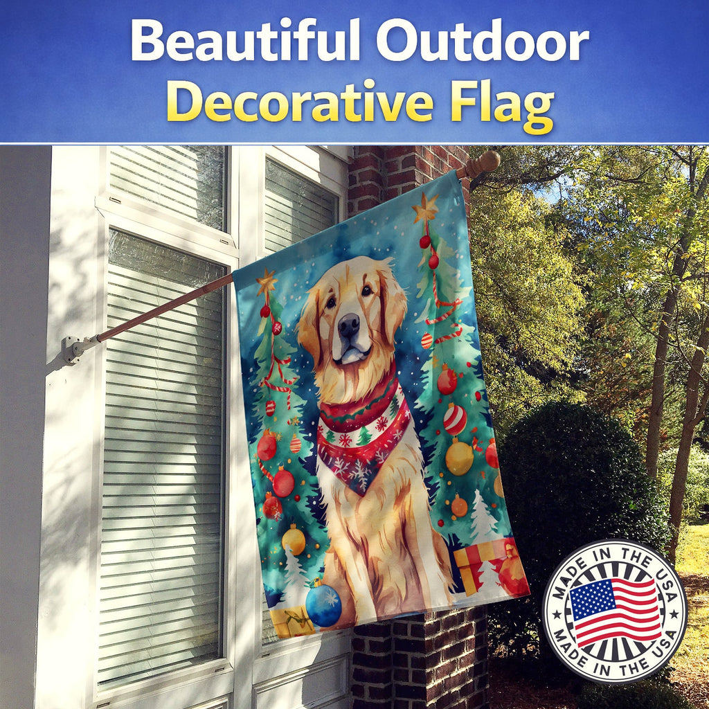 Golden Retriever Christmas House Flag 28x40 Porch Sleeve Pole Decorative Outside Yard Banner Artwork Wall Hanging, Polyester