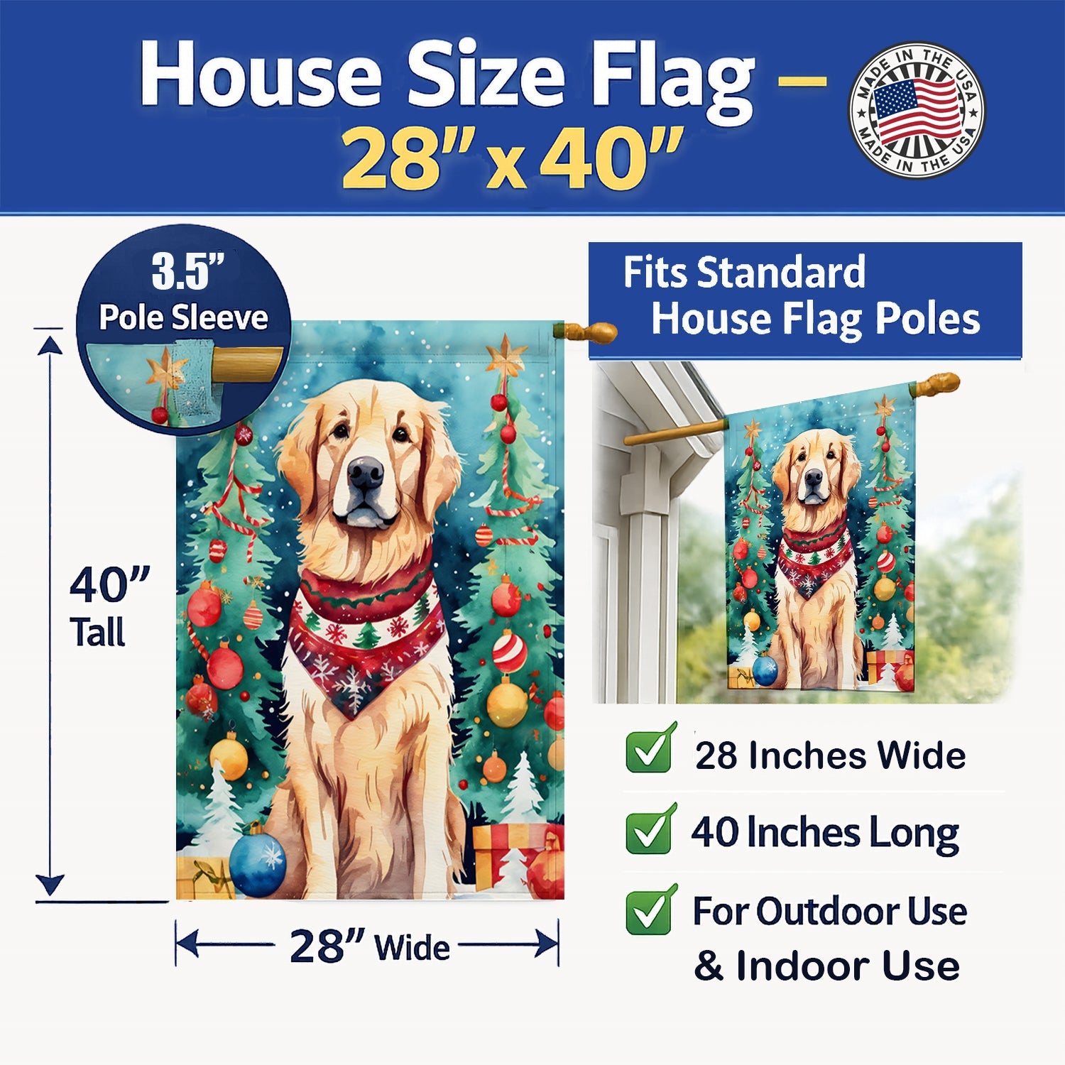 Golden Retriever Christmas House Flag 28x40 Porch Sleeve Pole Decorative Outside Yard Banner Artwork Wall Hanging, Polyester