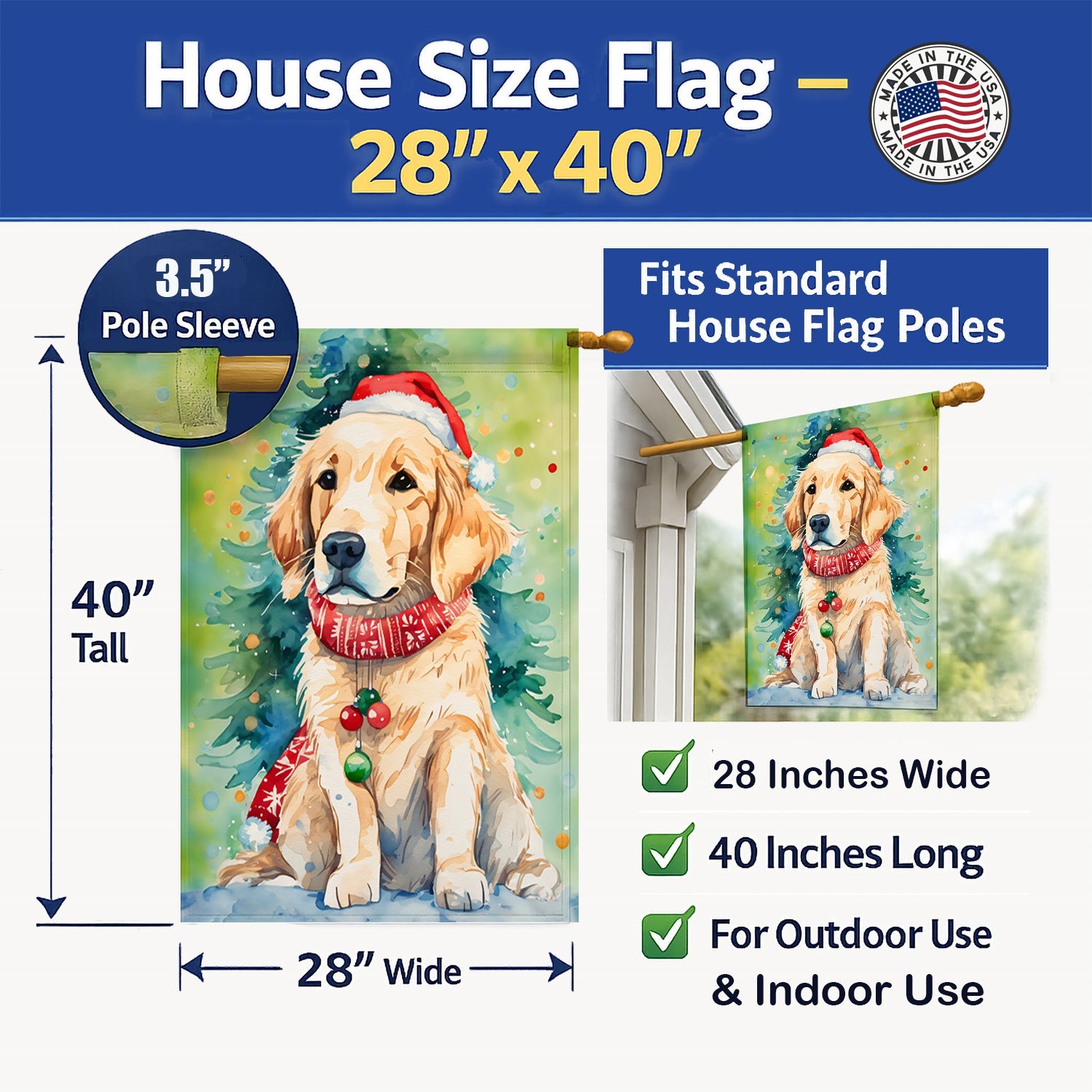 Golden Retriever Christmas House Flag 28x40 Porch Sleeve Pole Decorative Outside Yard Banner Artwork Wall Hanging, Polyester