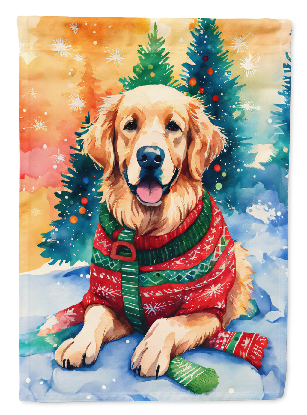 Golden Retriever Christmas House Flag 28x40 Porch Sleeve Pole Decorative Outside Yard Banner Artwork Wall Hanging, Polyester