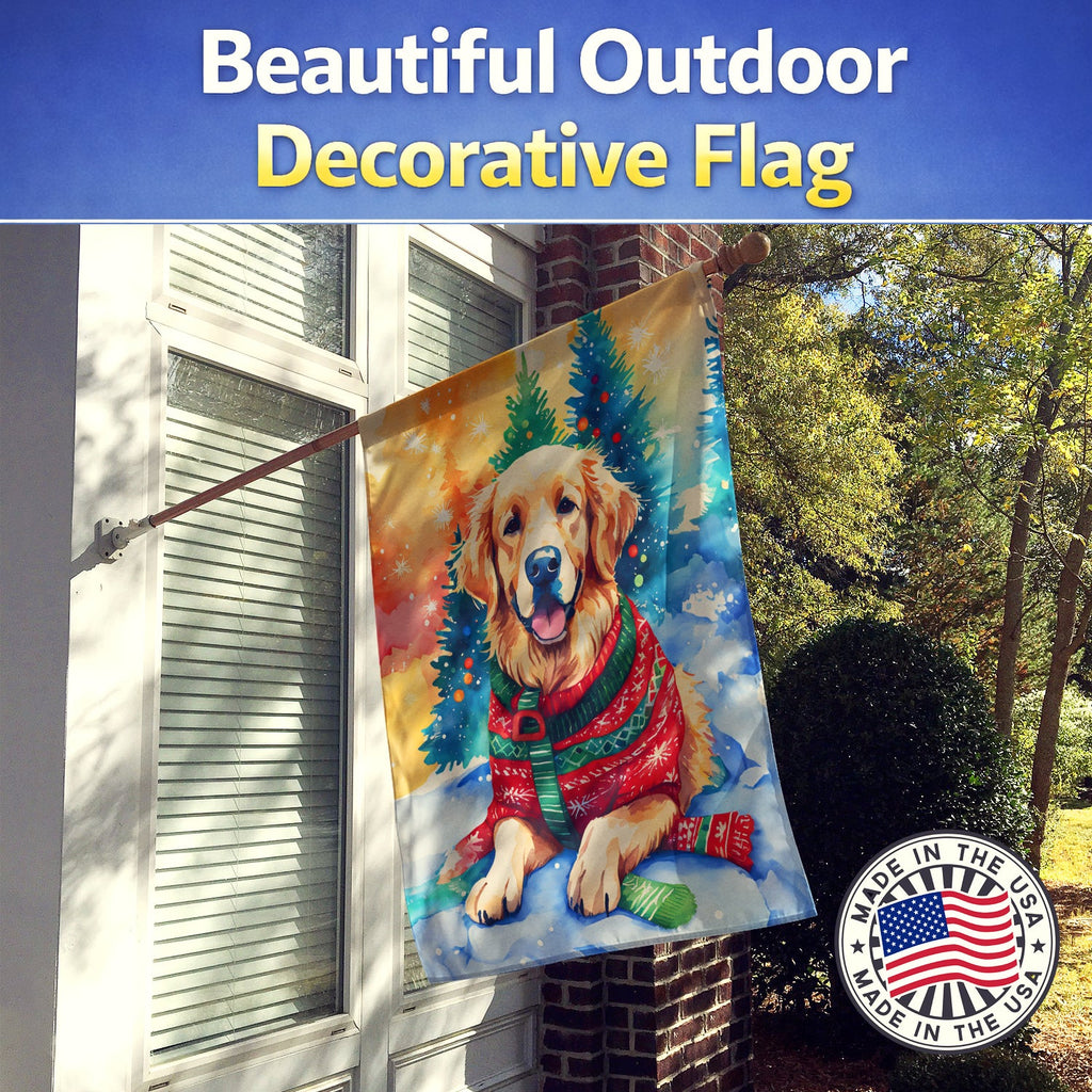 Golden Retriever Christmas House Flag 28x40 Porch Sleeve Pole Decorative Outside Yard Banner Artwork Wall Hanging, Polyester