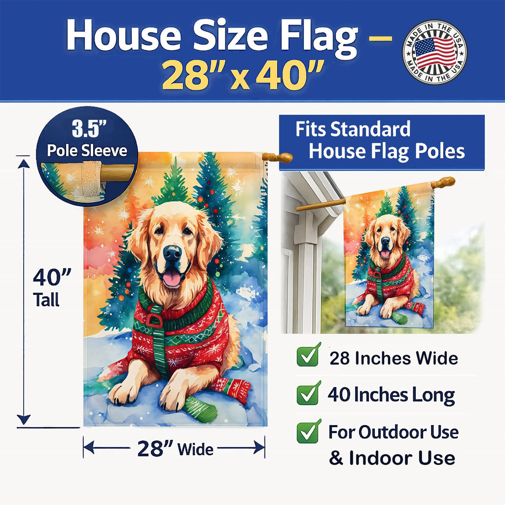 Golden Retriever Christmas House Flag 28x40 Porch Sleeve Pole Decorative Outside Yard Banner Artwork Wall Hanging, Polyester