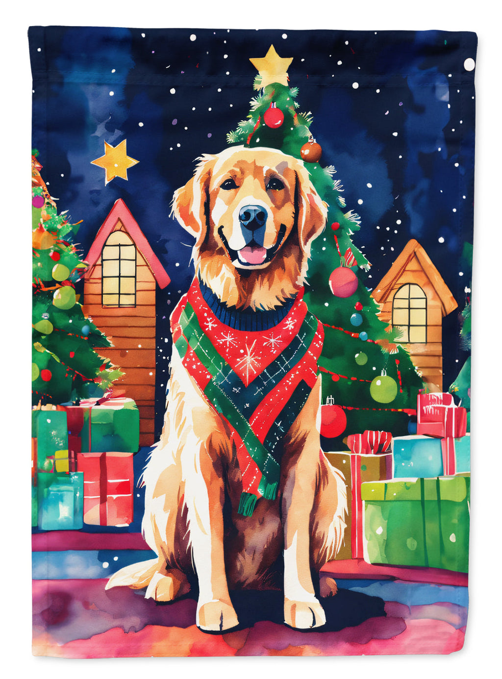 Golden Retriever Christmas House Flag 28x40 Porch Sleeve Pole Decorative Outside Yard Banner Artwork Wall Hanging, Polyester