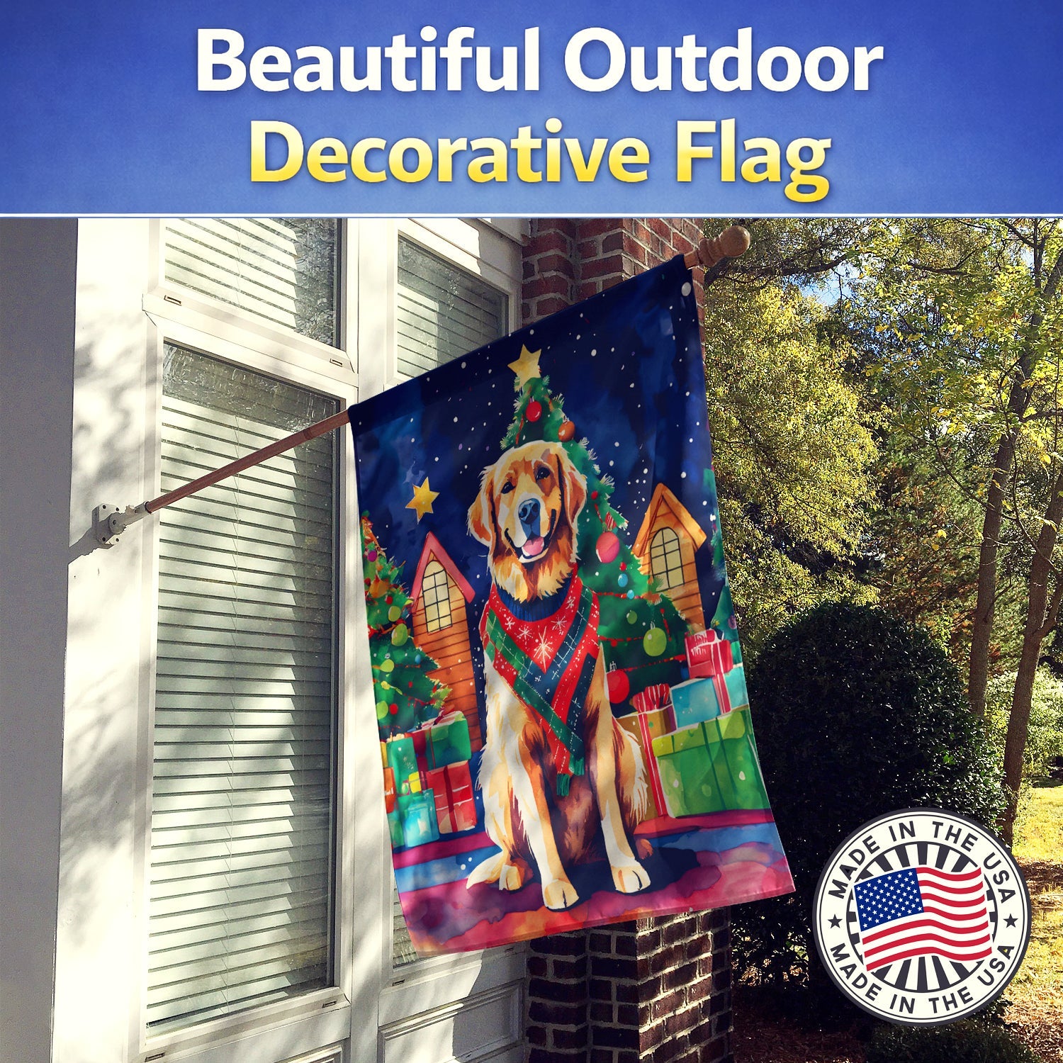 Golden Retriever Christmas House Flag 28x40 Porch Sleeve Pole Decorative Outside Yard Banner Artwork Wall Hanging, Polyester