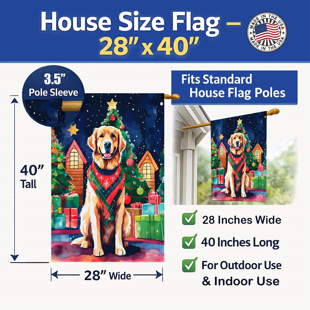 Golden Retriever Christmas House Flag 28x40 Porch Sleeve Pole Decorative Outside Yard Banner Artwork Wall Hanging, Polyester
