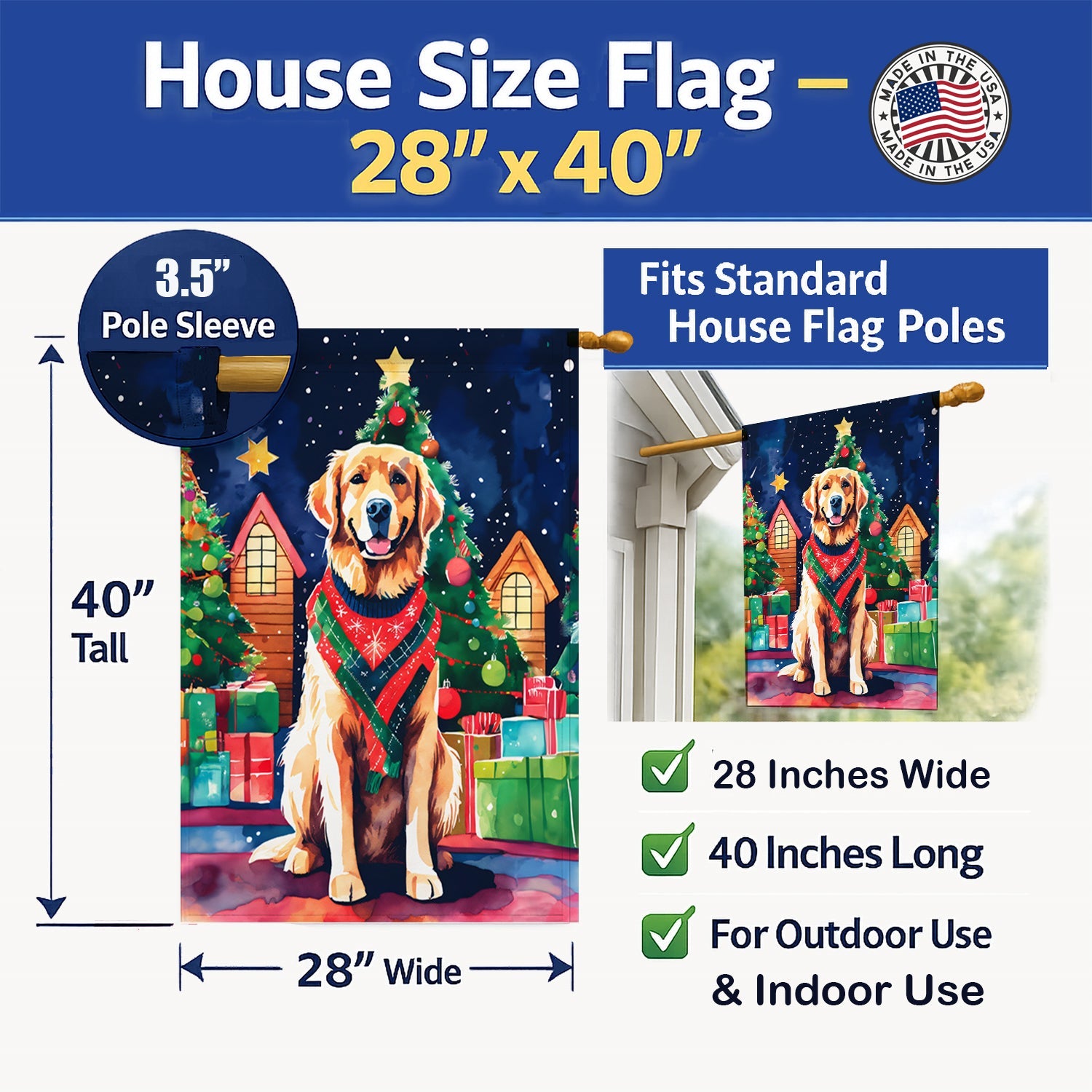 Golden Retriever Christmas House Flag 28x40 Porch Sleeve Pole Decorative Outside Yard Banner Artwork Wall Hanging, Polyester