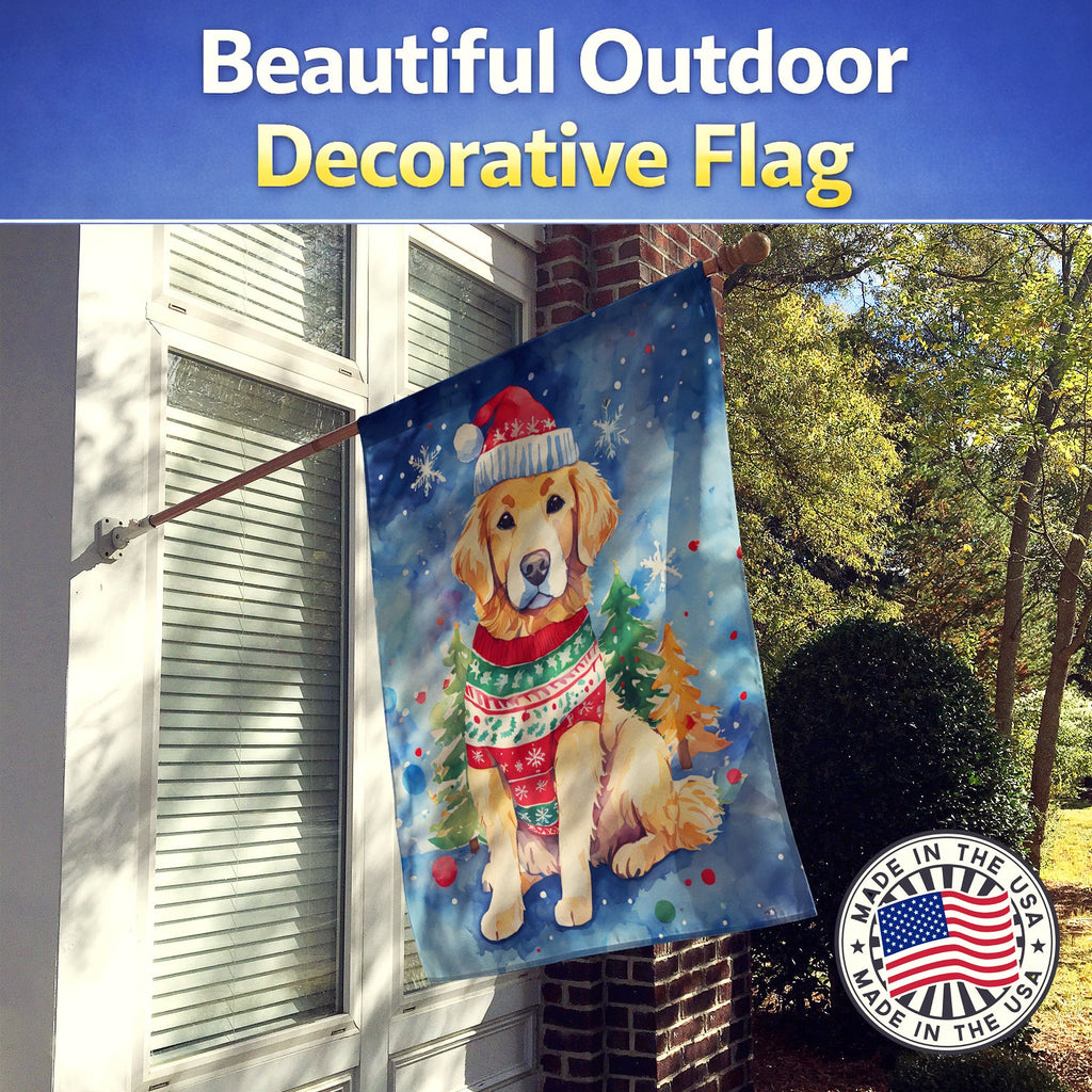 Golden Retriever Christmas House Flag 28x40 Porch Sleeve Pole Decorative Outside Yard Banner Artwork Wall Hanging, Polyester