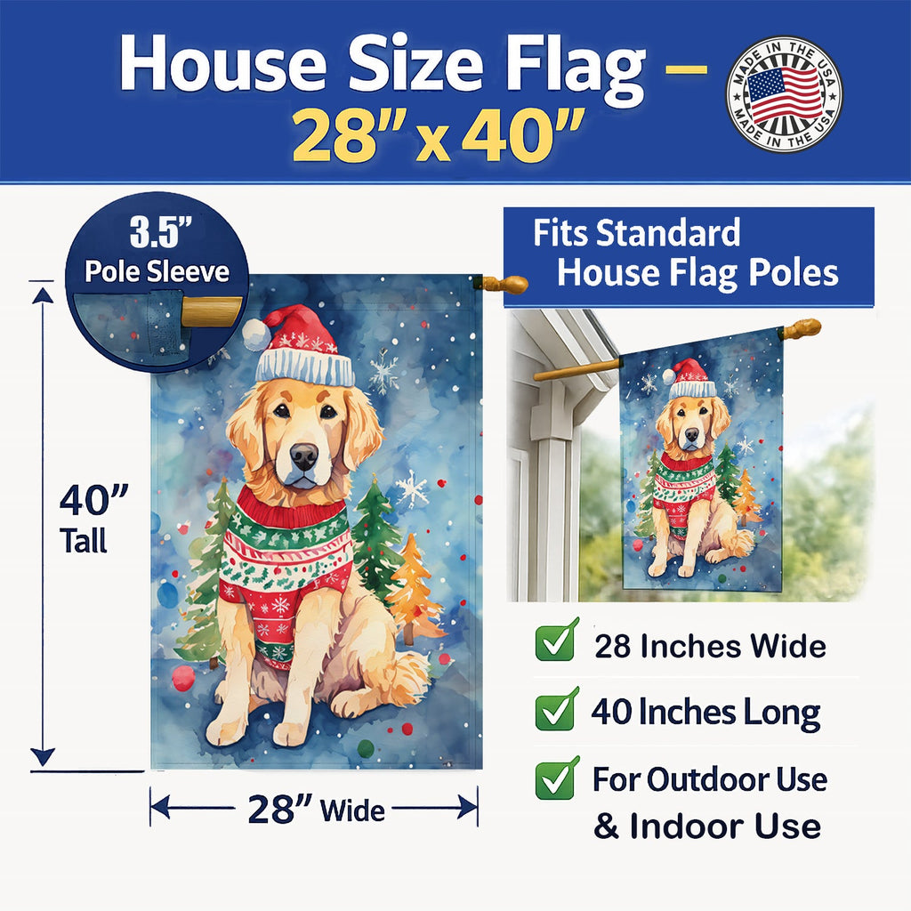 Golden Retriever Christmas House Flag 28x40 Porch Sleeve Pole Decorative Outside Yard Banner Artwork Wall Hanging, Polyester