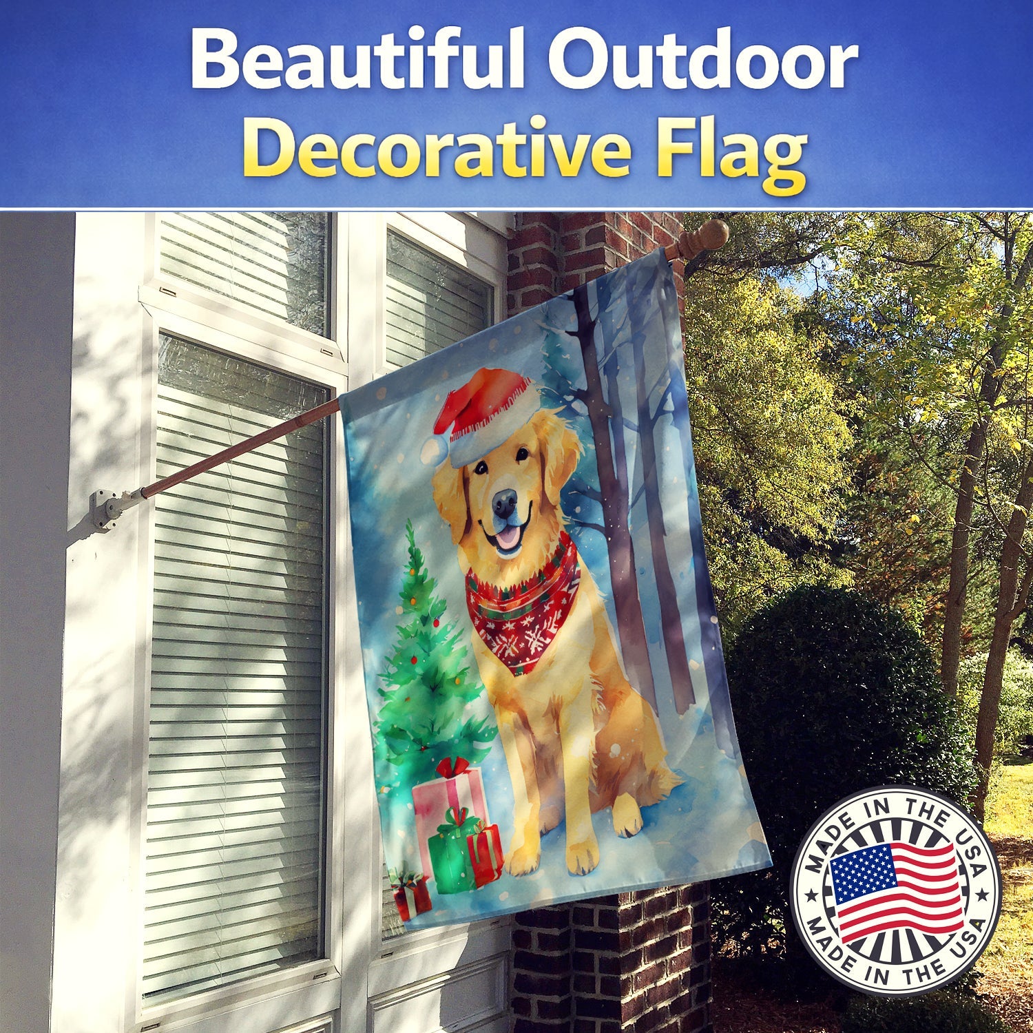 Golden Retriever Christmas House Flag 28x40 Porch Sleeve Pole Decorative Outside Yard Banner Artwork Wall Hanging, Polyester
