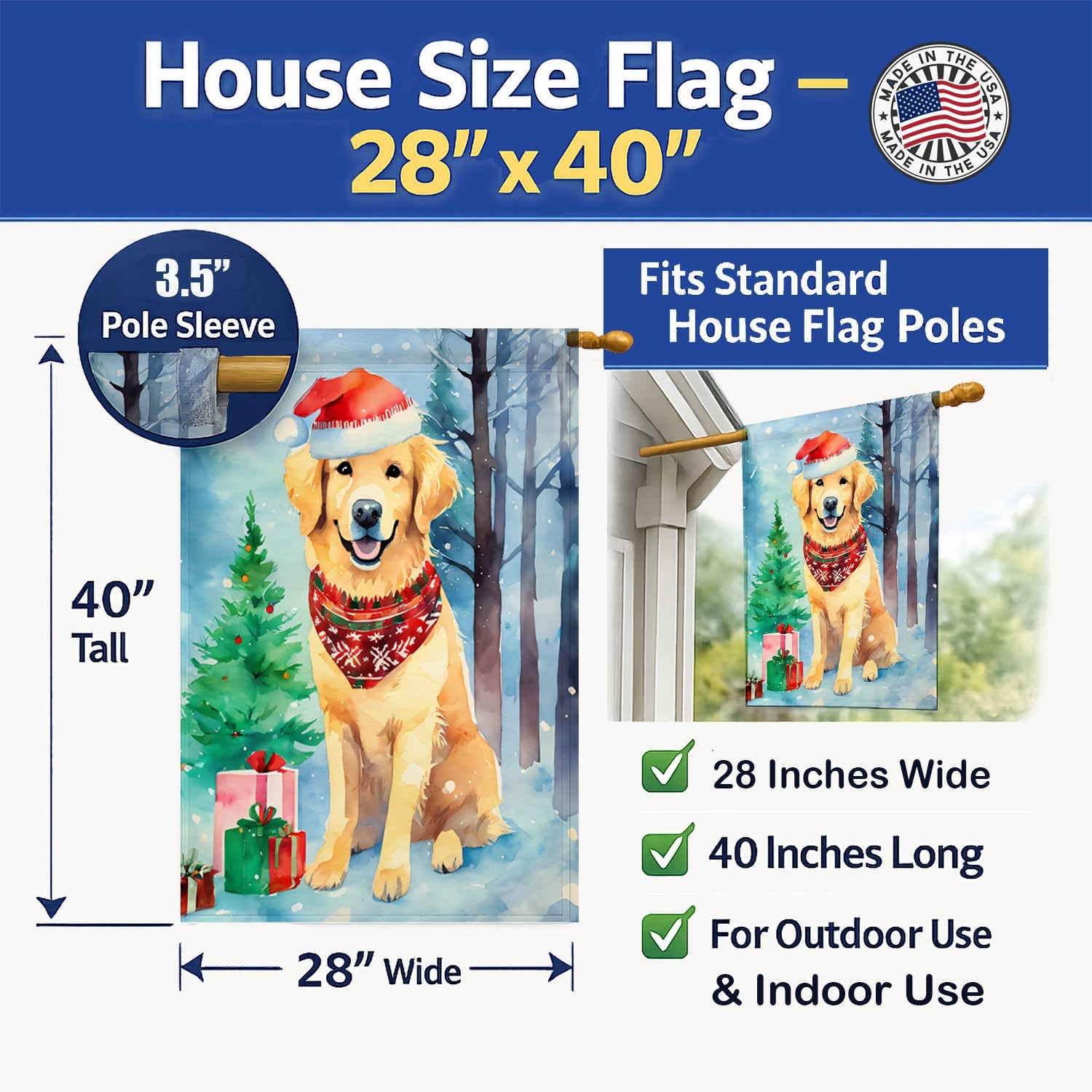 Golden Retriever Christmas House Flag 28x40 Porch Sleeve Pole Decorative Outside Yard Banner Artwork Wall Hanging, Polyester