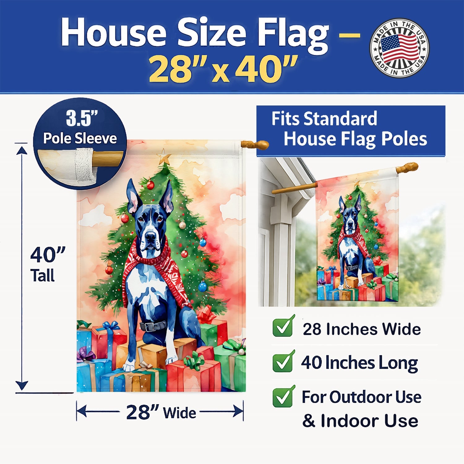Great Dane Christmas House Flag 28x40 Porch Sleeve Pole Decorative Outside Yard Banner Artwork Wall Hanging, Polyester