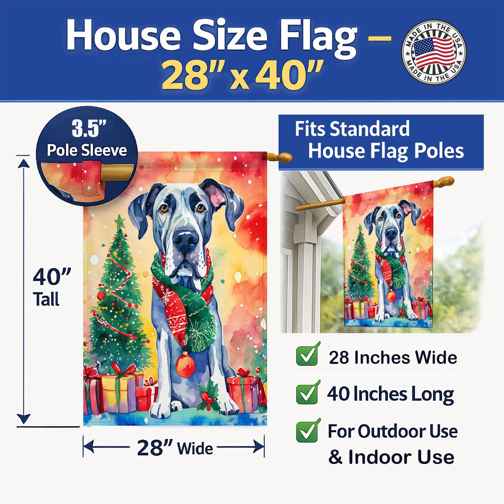 Great Dane Christmas House Flag 28x40 Porch Sleeve Pole Decorative Outside Yard Banner Artwork Wall Hanging, Polyester