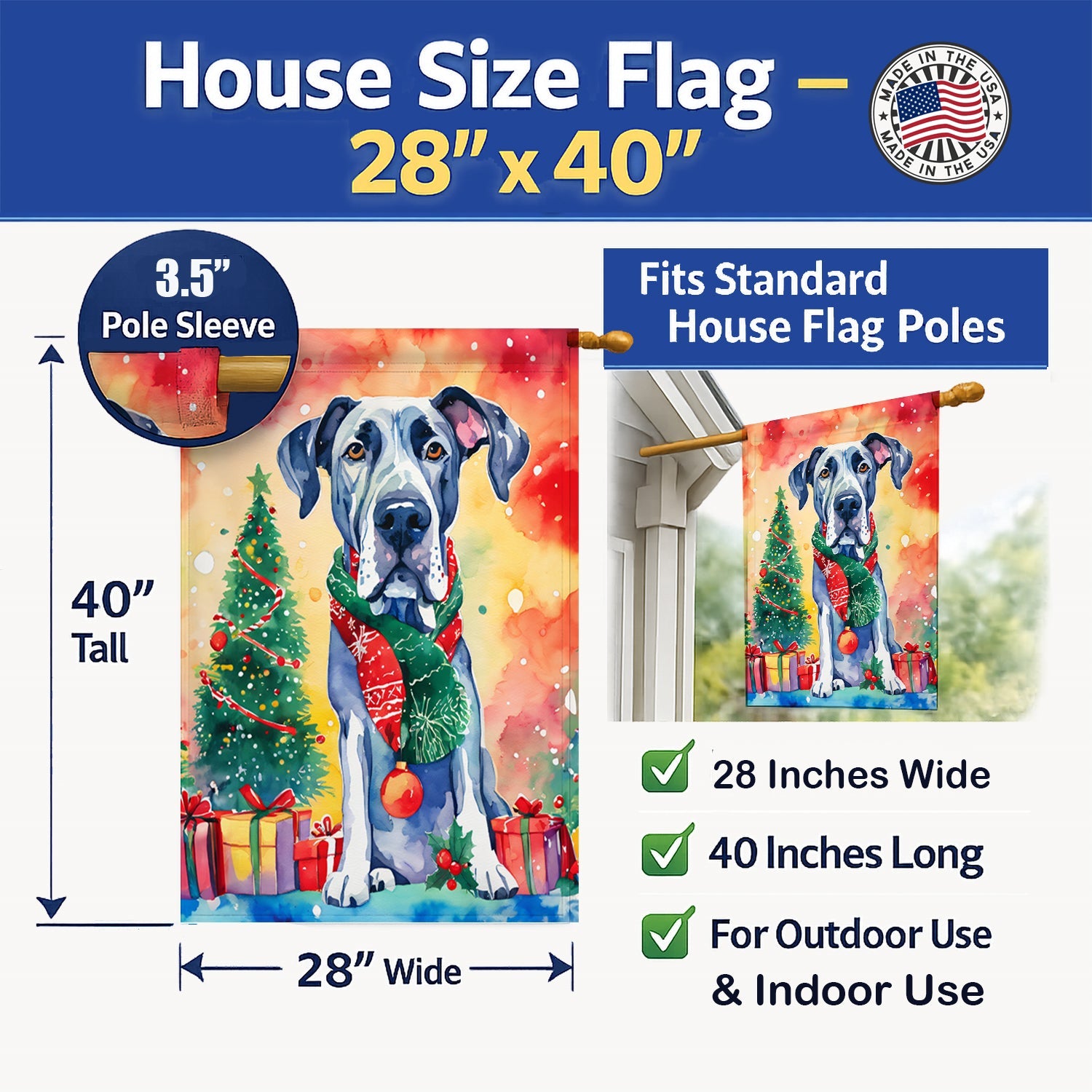 Great Dane Christmas House Flag 28x40 Porch Sleeve Pole Decorative Outside Yard Banner Artwork Wall Hanging, Polyester