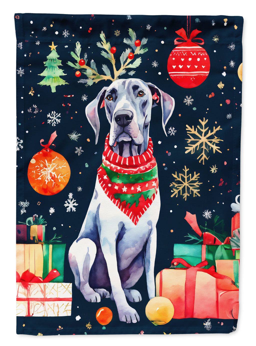 Great Dane Christmas House Flag 28x40 Porch Sleeve Pole Decorative Outside Yard Banner Artwork Wall Hanging, Polyester