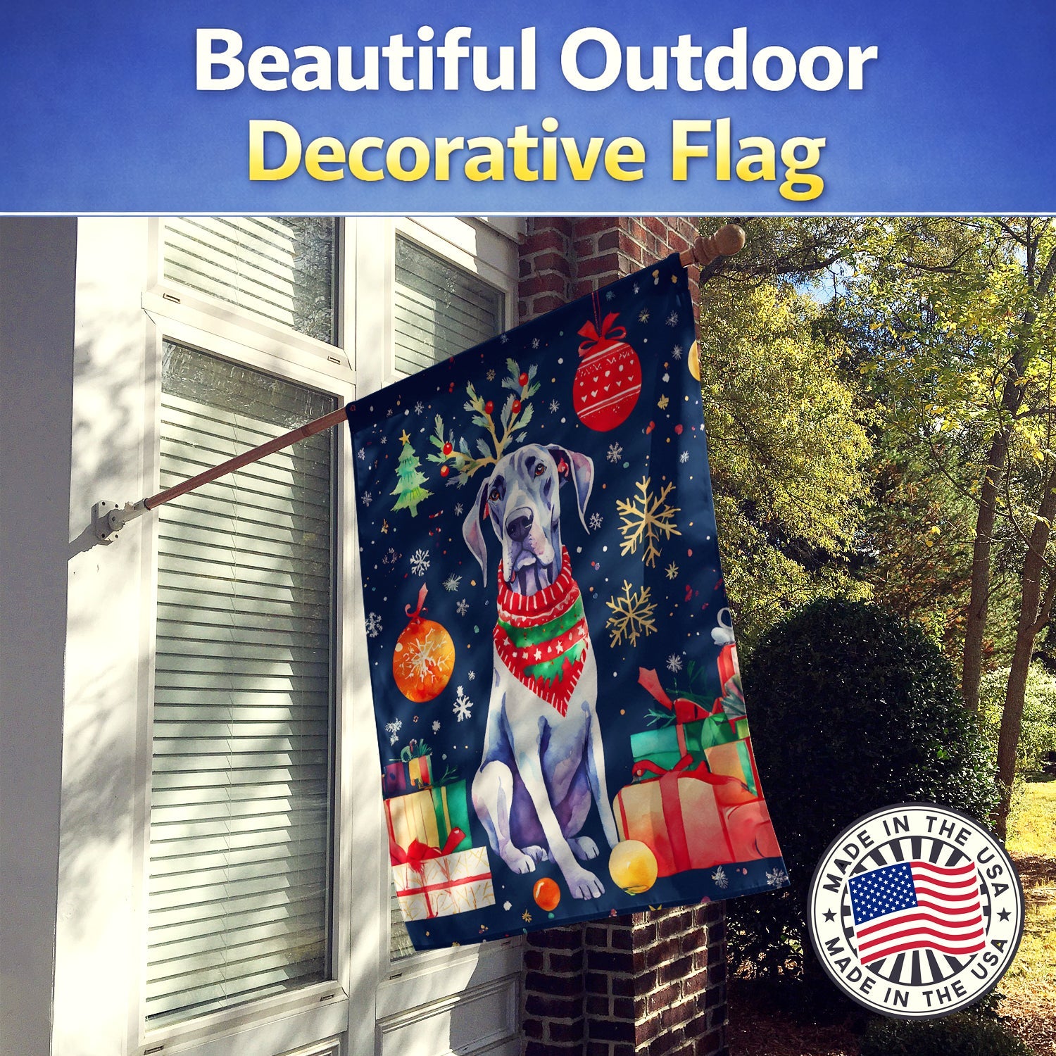Great Dane Christmas House Flag 28x40 Porch Sleeve Pole Decorative Outside Yard Banner Artwork Wall Hanging, Polyester