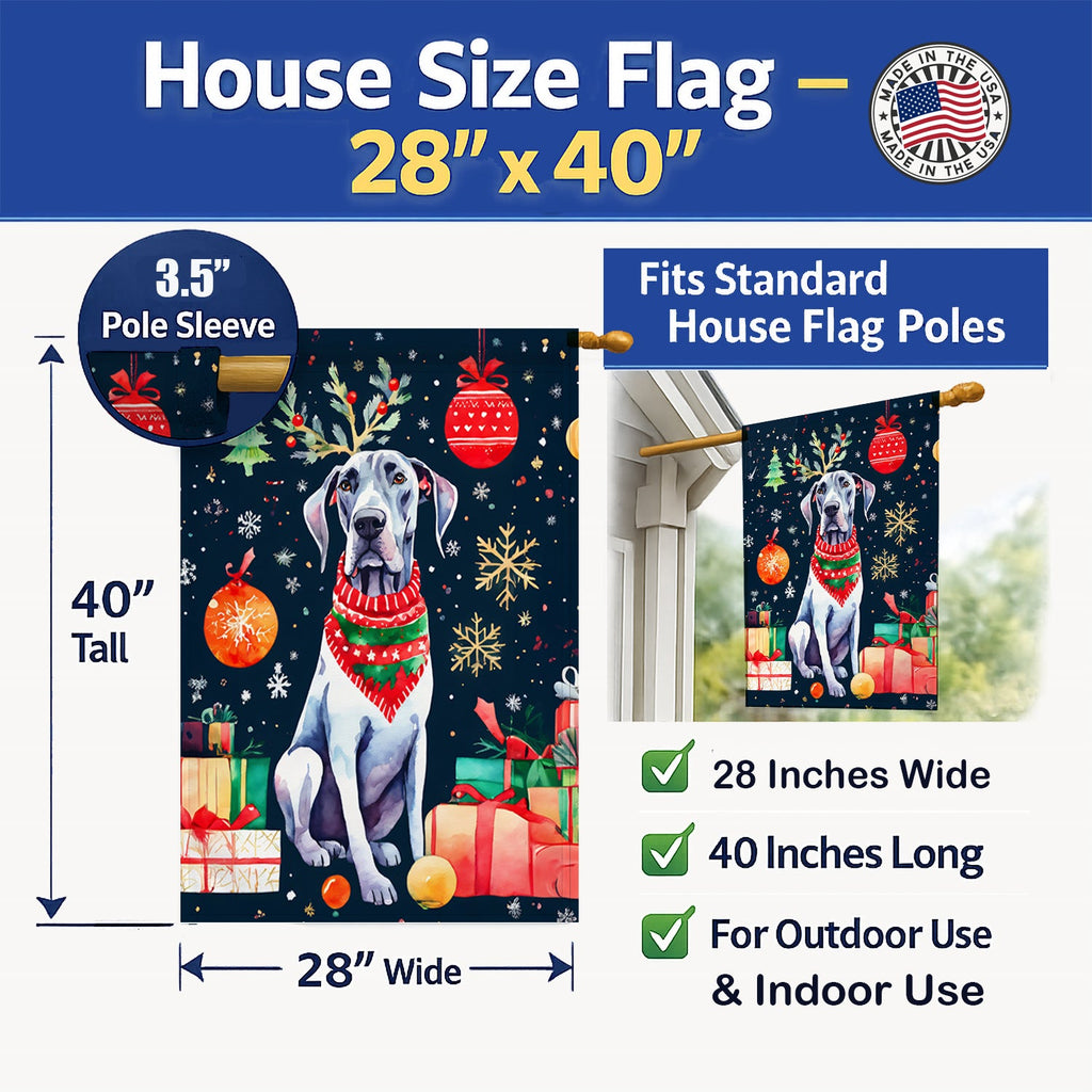 Great Dane Christmas House Flag 28x40 Porch Sleeve Pole Decorative Outside Yard Banner Artwork Wall Hanging, Polyester