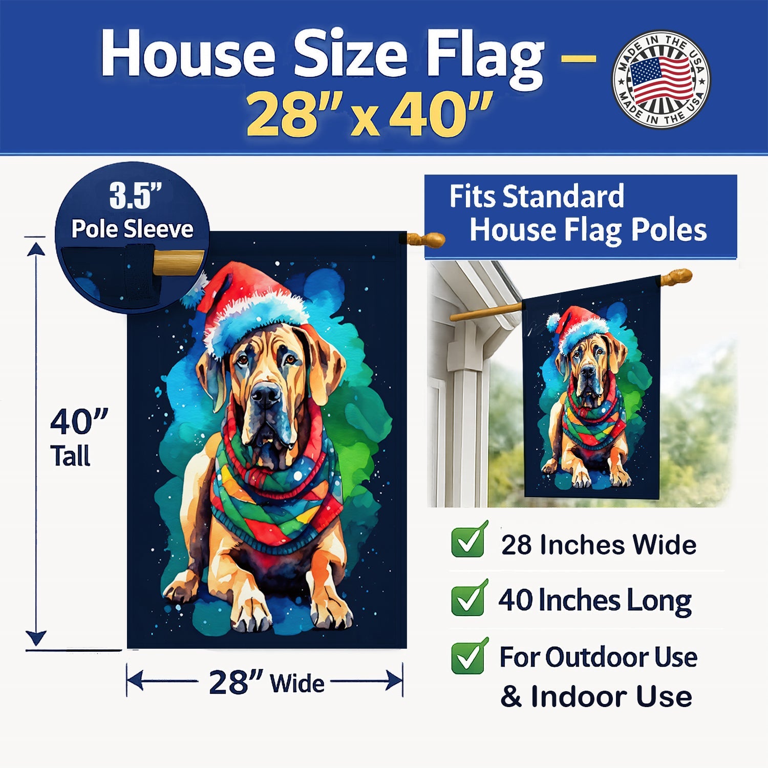 Great Dane Christmas House Flag 28x40 Porch Sleeve Pole Decorative Outside Yard Banner Artwork Wall Hanging, Polyester