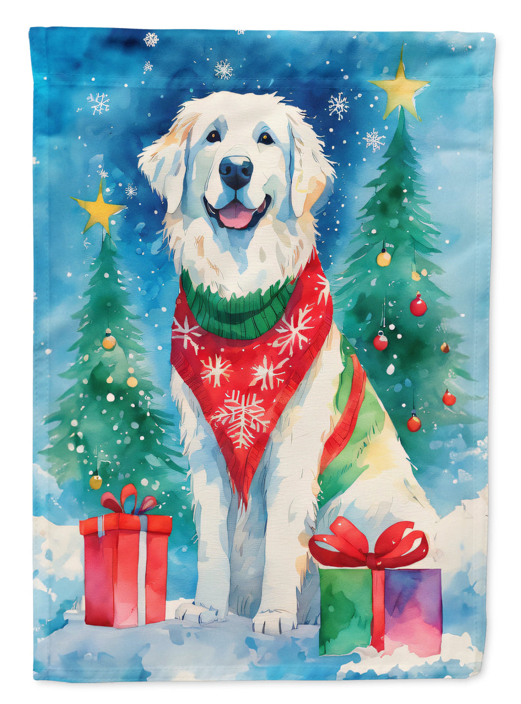 Great Pyrenees Christmas House Flag 28x40 Porch Sleeve Pole Decorative Outside Yard Banner Artwork Wall Hanging, Polyester