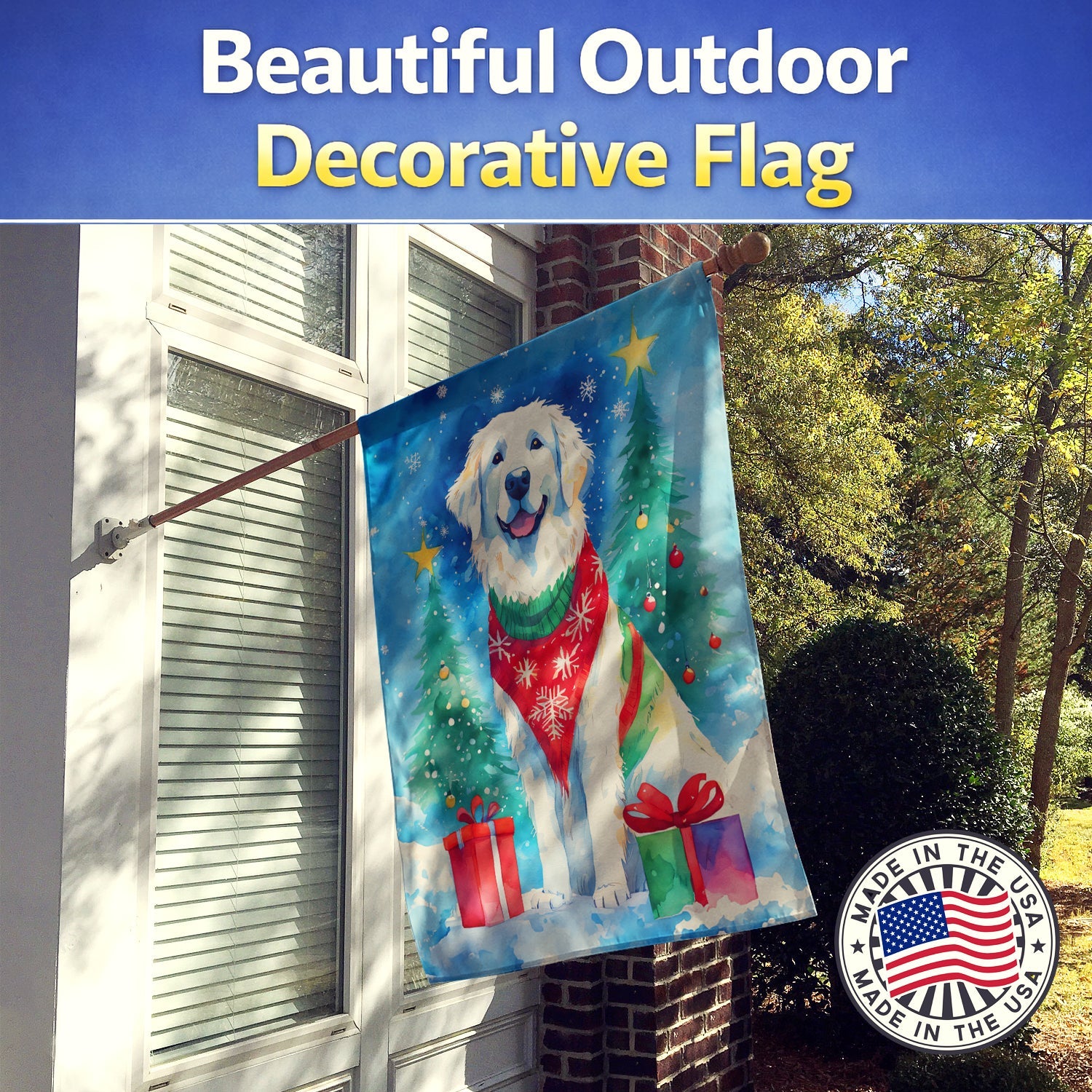 Great Pyrenees Christmas House Flag 28x40 Porch Sleeve Pole Decorative Outside Yard Banner Artwork Wall Hanging, Polyester