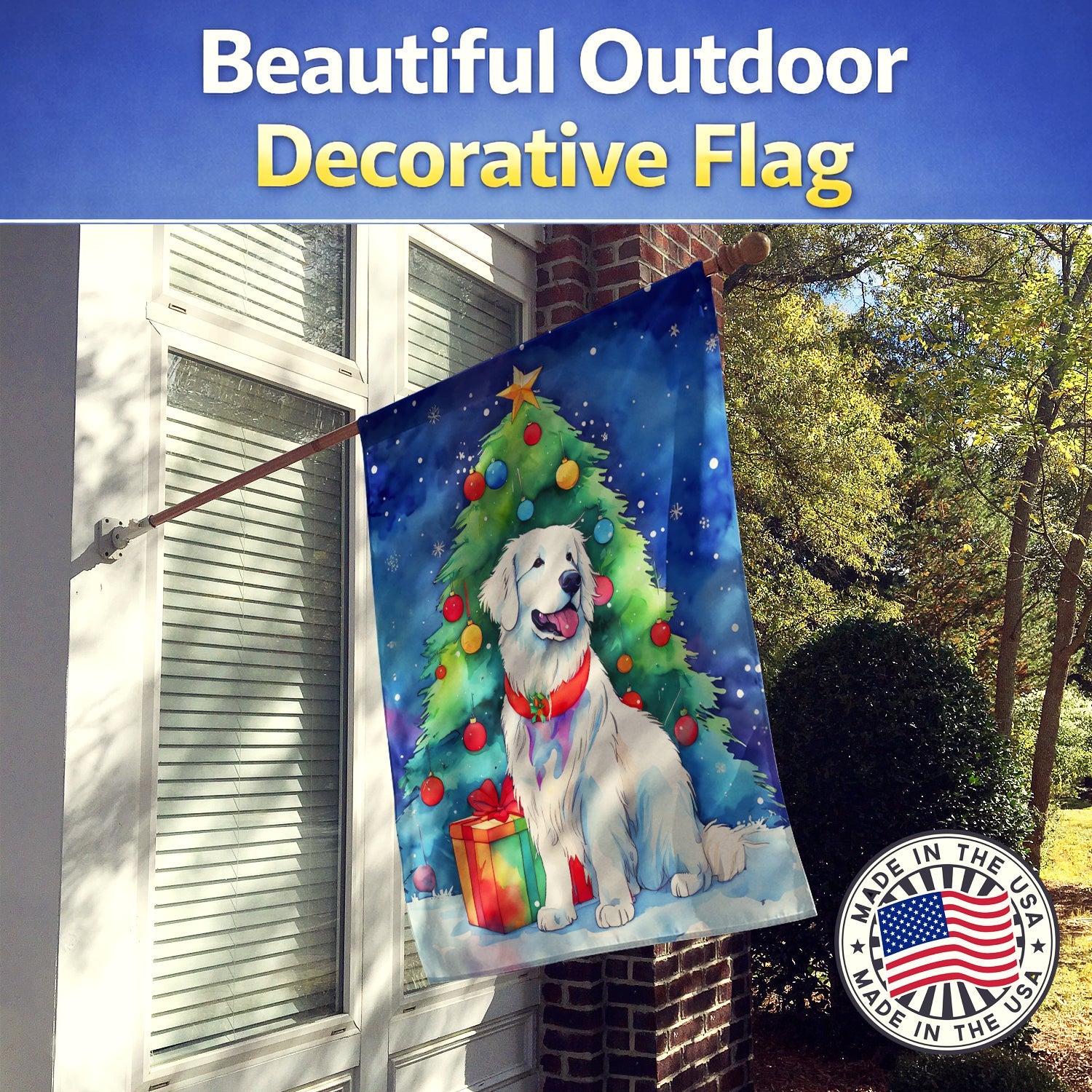 Great Pyrenees Christmas House Flag 28x40 Porch Sleeve Pole Decorative Outside Yard Banner Artwork Wall Hanging, Polyester