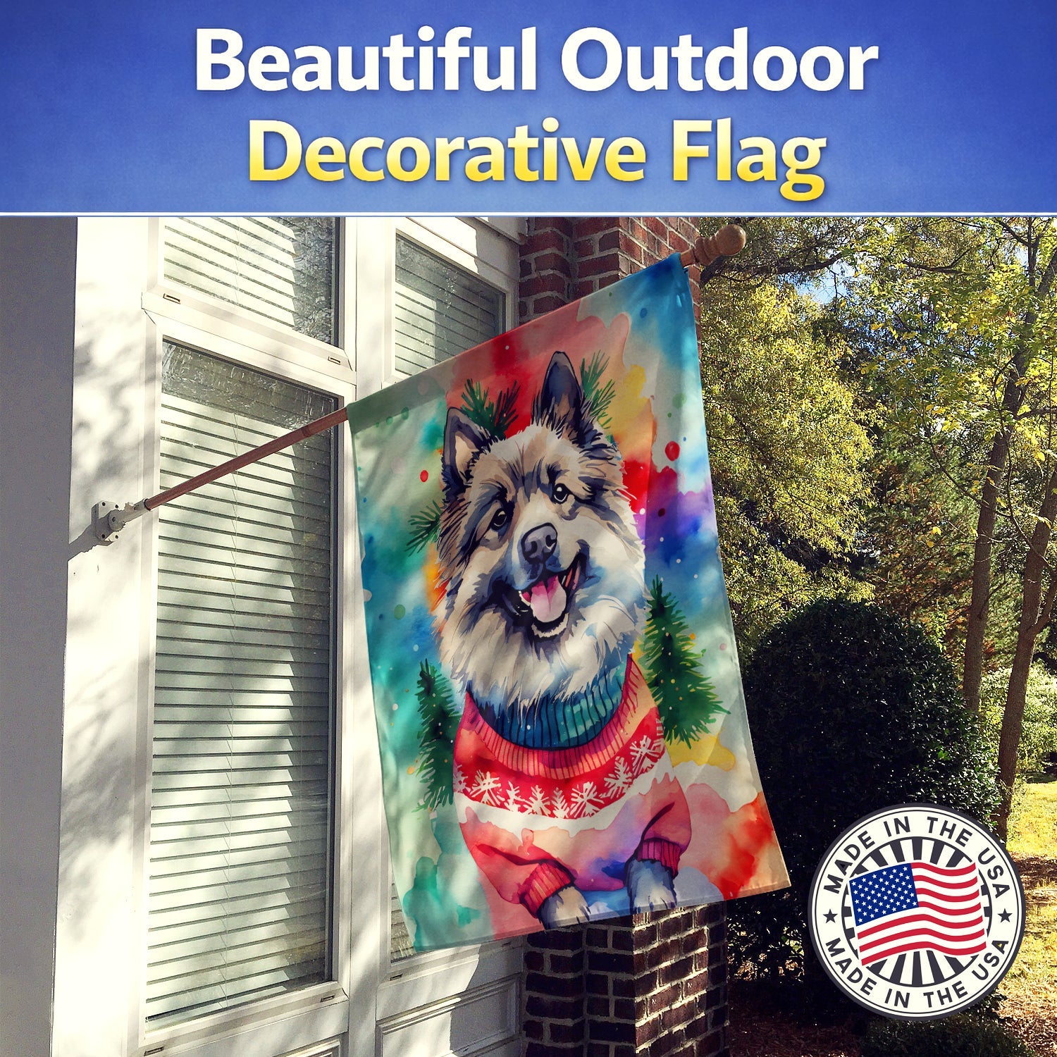 Keeshond Christmas House Flag 28x40 Porch Sleeve Pole Decorative Outside Yard Banner Artwork Wall Hanging, Polyester