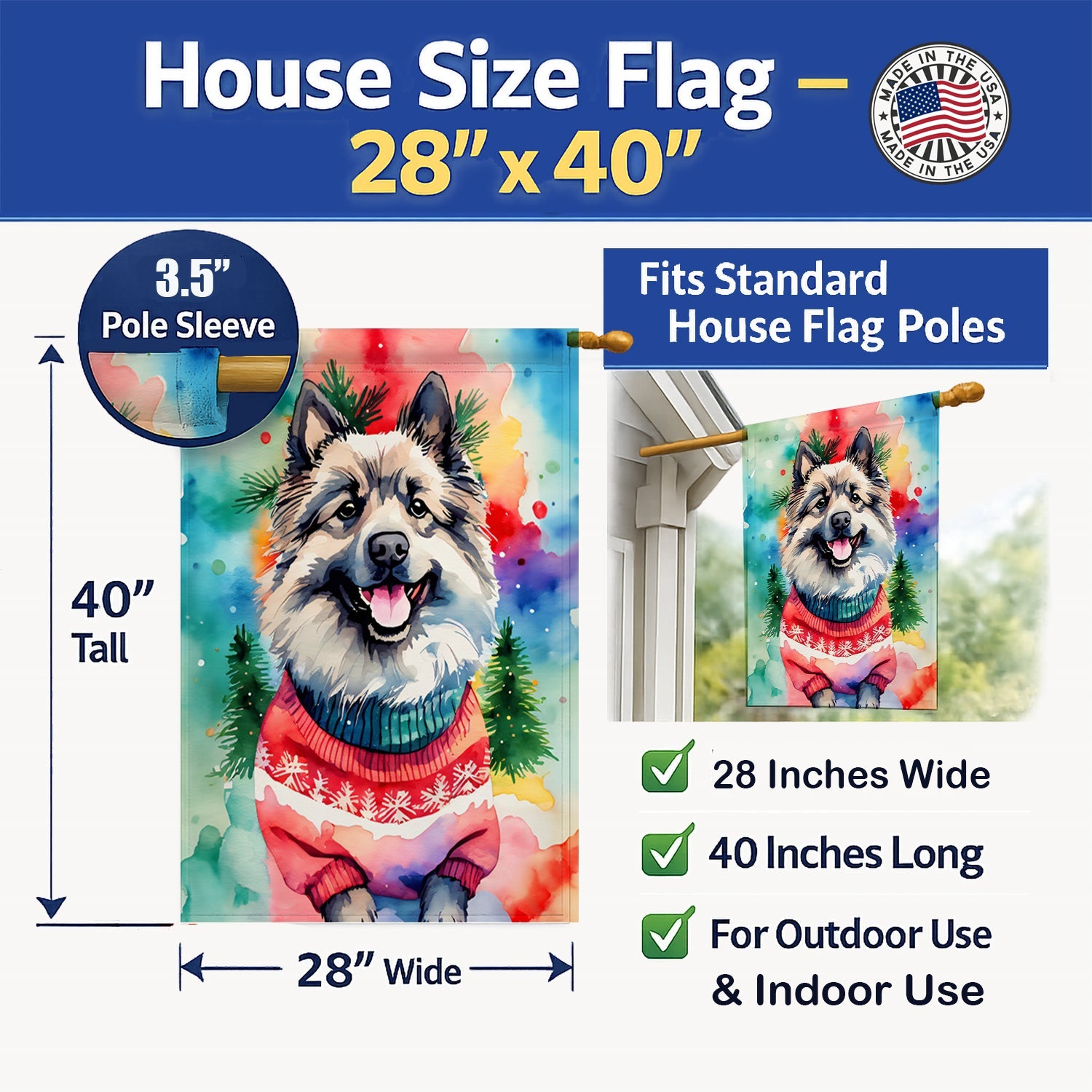 Keeshond Christmas House Flag 28x40 Porch Sleeve Pole Decorative Outside Yard Banner Artwork Wall Hanging, Polyester