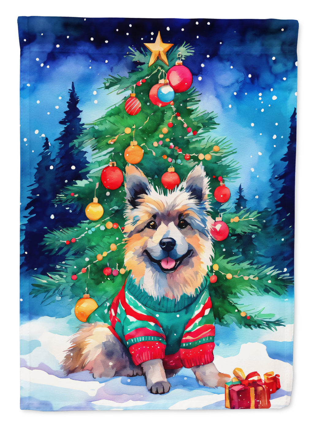 Keeshond Christmas House Flag 28x40 Porch Sleeve Pole Decorative Outside Yard Banner Artwork Wall Hanging, Polyester