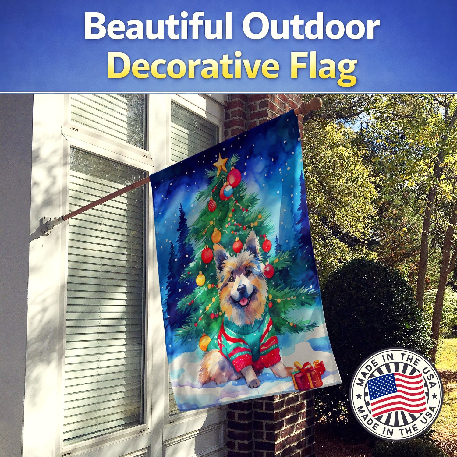 Keeshond Christmas House Flag 28x40 Porch Sleeve Pole Decorative Outside Yard Banner Artwork Wall Hanging, Polyester
