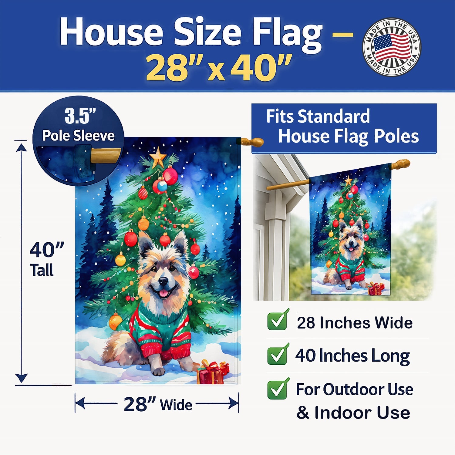 Keeshond Christmas House Flag 28x40 Porch Sleeve Pole Decorative Outside Yard Banner Artwork Wall Hanging, Polyester