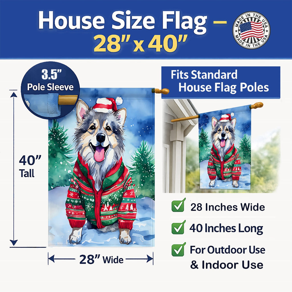 Keeshond Christmas House Flag 28x40 Porch Sleeve Pole Decorative Outside Yard Banner Artwork Wall Hanging, Polyester