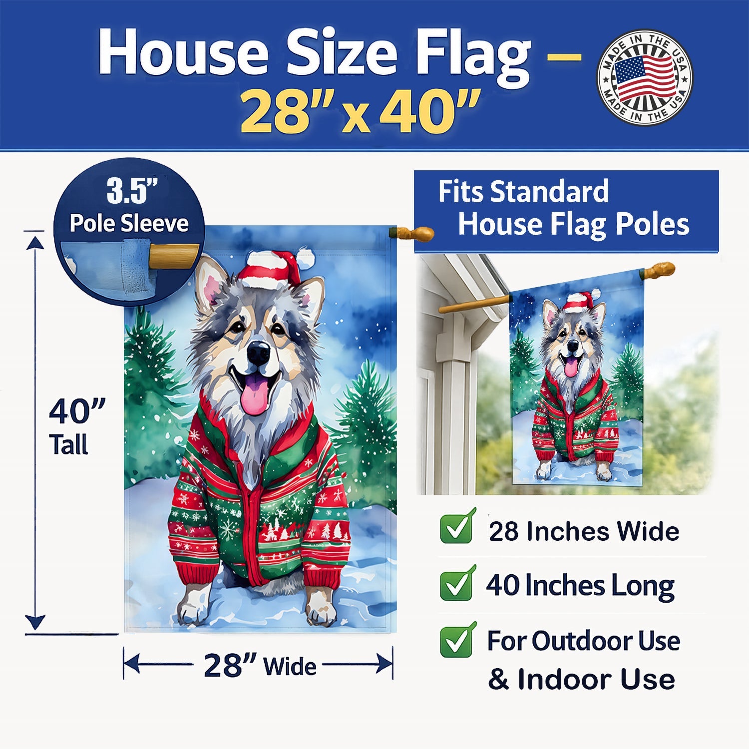 Keeshond Christmas House Flag 28x40 Porch Sleeve Pole Decorative Outside Yard Banner Artwork Wall Hanging, Polyester