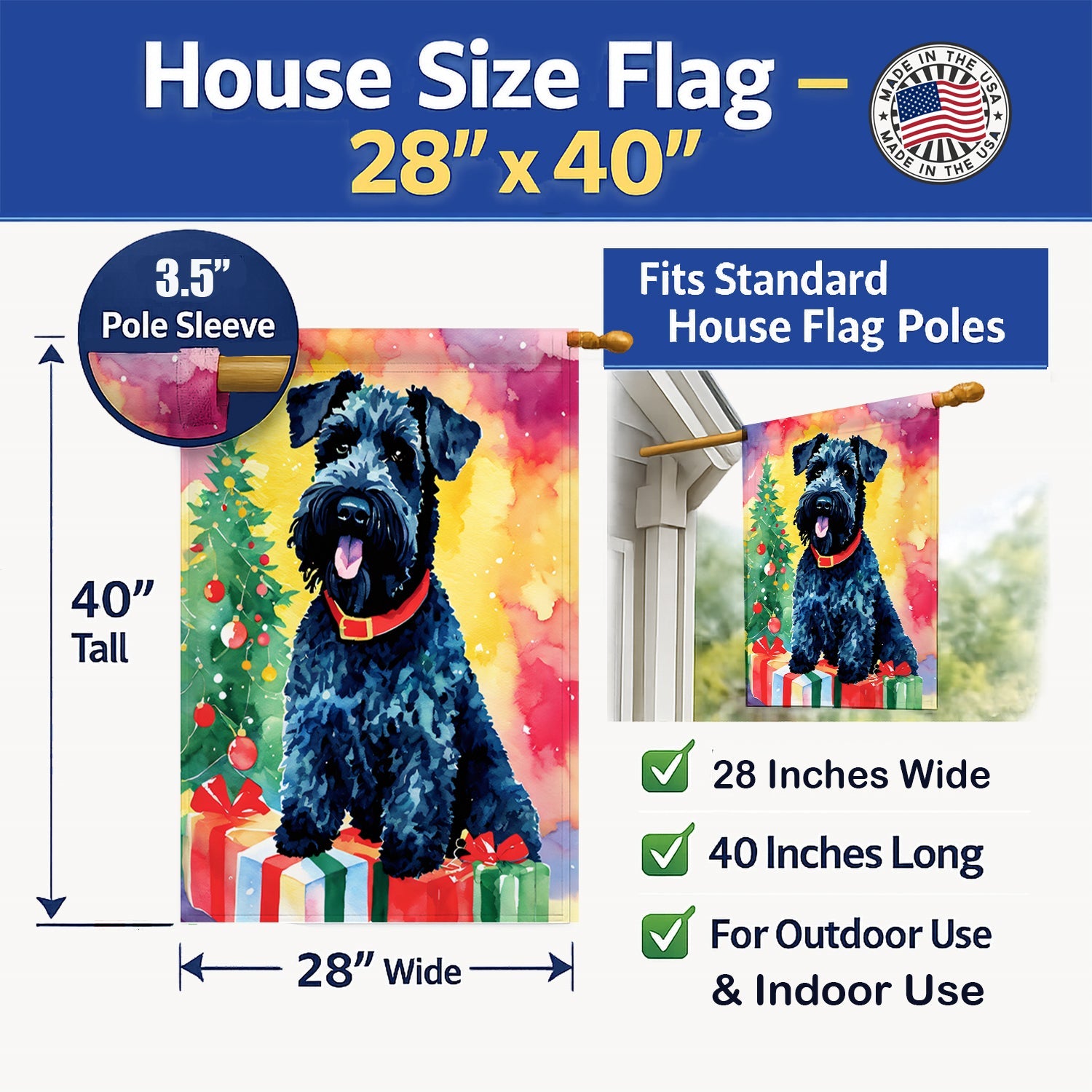 Kerry Blue Terrier Christmas House Flag 28x40 Porch Sleeve Pole Decorative Outside Yard Banner Artwork Wall Hanging, Polyester