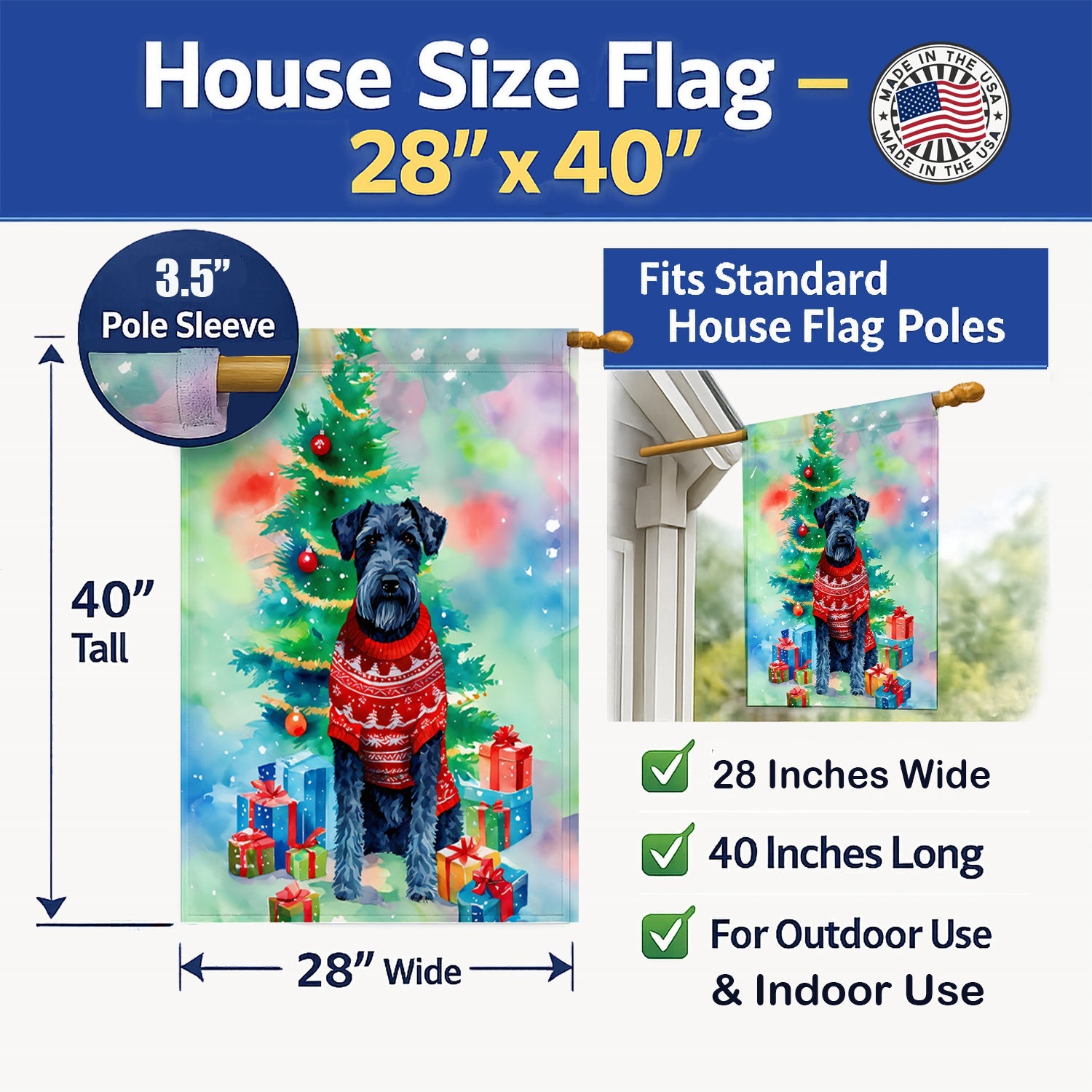 Kerry Blue Terrier Christmas House Flag 28x40 Porch Sleeve Pole Decorative Outside Yard Banner Artwork Wall Hanging, Polyester