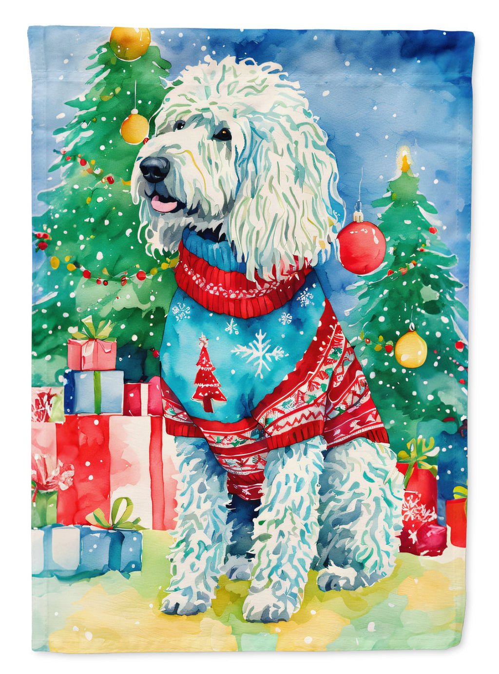 Komondor Christmas House Flag 28x40 Porch Sleeve Pole Decorative Outside Yard Banner Artwork Wall Hanging, Polyester
