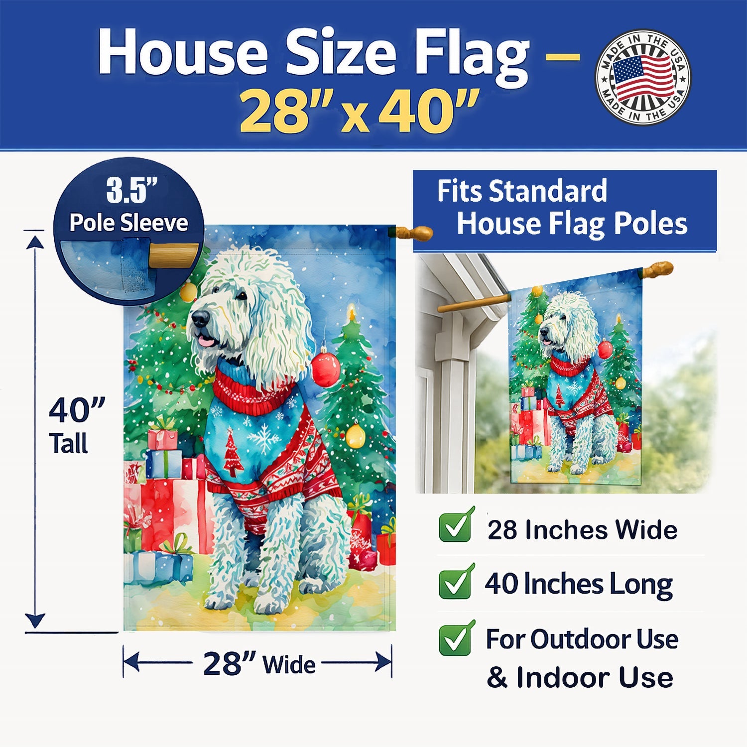 Komondor Christmas House Flag 28x40 Porch Sleeve Pole Decorative Outside Yard Banner Artwork Wall Hanging, Polyester