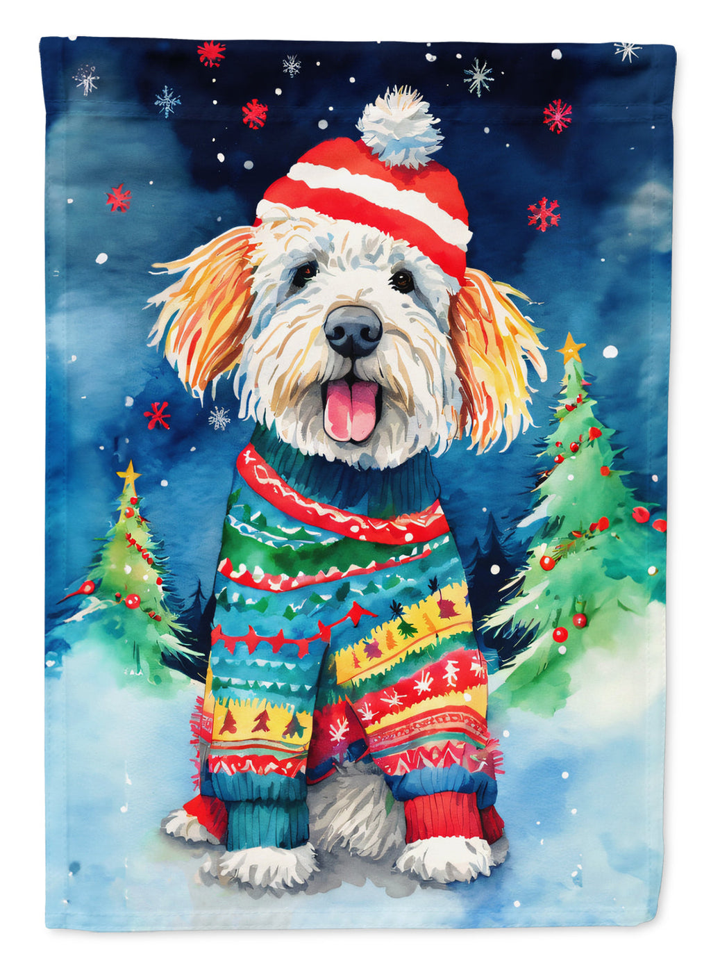 Komondor Christmas House Flag 28x40 Porch Sleeve Pole Decorative Outside Yard Banner Artwork Wall Hanging, Polyester