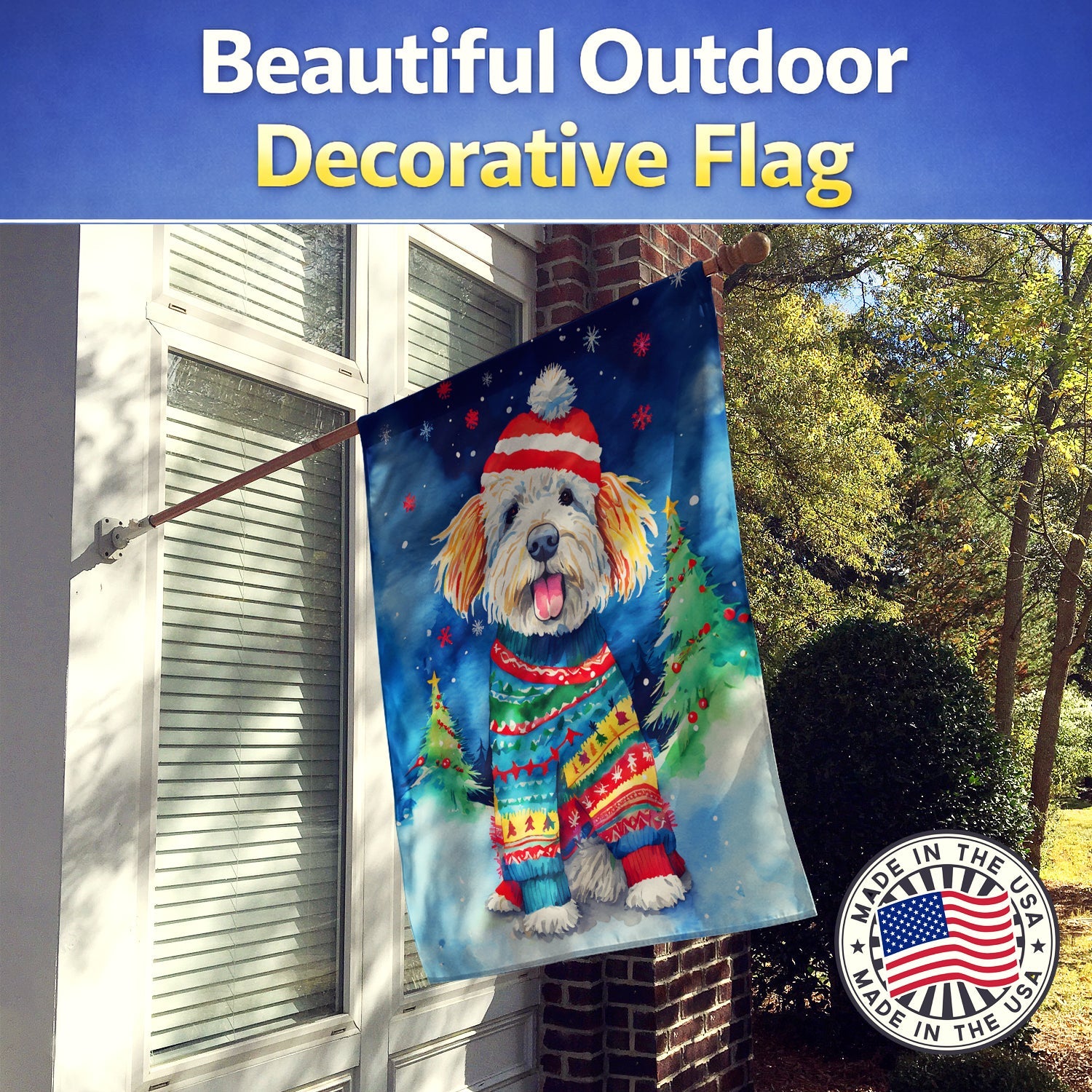 Komondor Christmas House Flag 28x40 Porch Sleeve Pole Decorative Outside Yard Banner Artwork Wall Hanging, Polyester