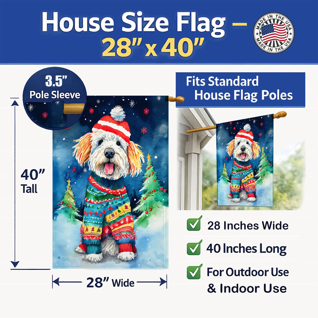 Komondor Christmas House Flag 28x40 Porch Sleeve Pole Decorative Outside Yard Banner Artwork Wall Hanging, Polyester