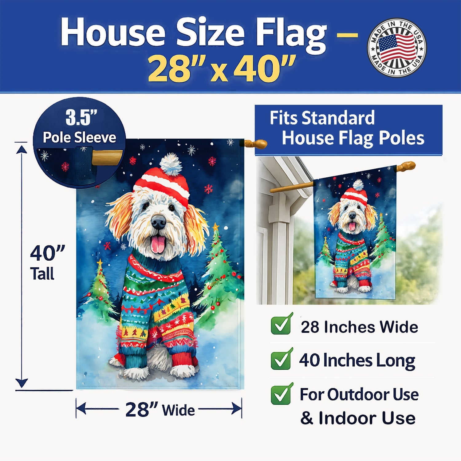 Komondor Christmas House Flag 28x40 Porch Sleeve Pole Decorative Outside Yard Banner Artwork Wall Hanging, Polyester