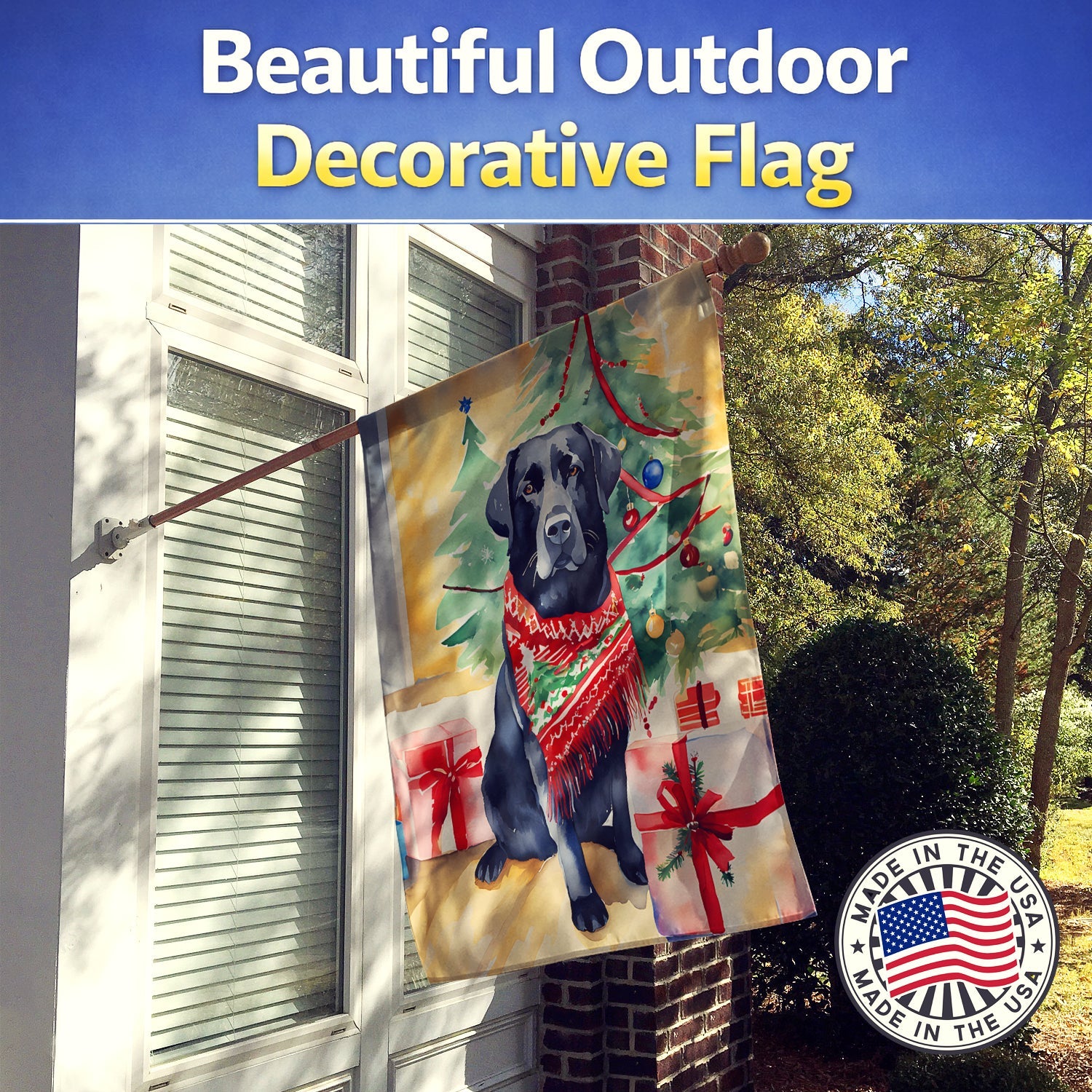 Black Labrador Retriever Christmas House Flag 28x40 Porch Sleeve Pole Decorative Outside Yard Banner Artwork Wall Hanging, Polyester