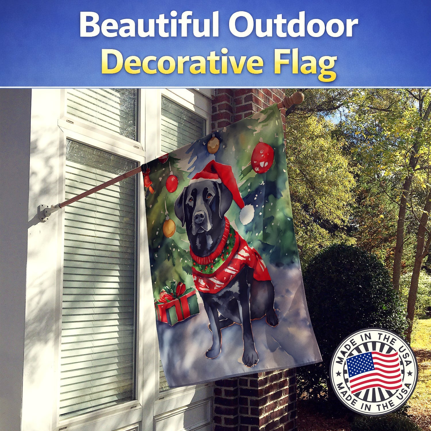 Black Labrador Retriever Christmas House Flag 28x40 Porch Sleeve Pole Decorative Outside Yard Banner Artwork Wall Hanging, Polyester