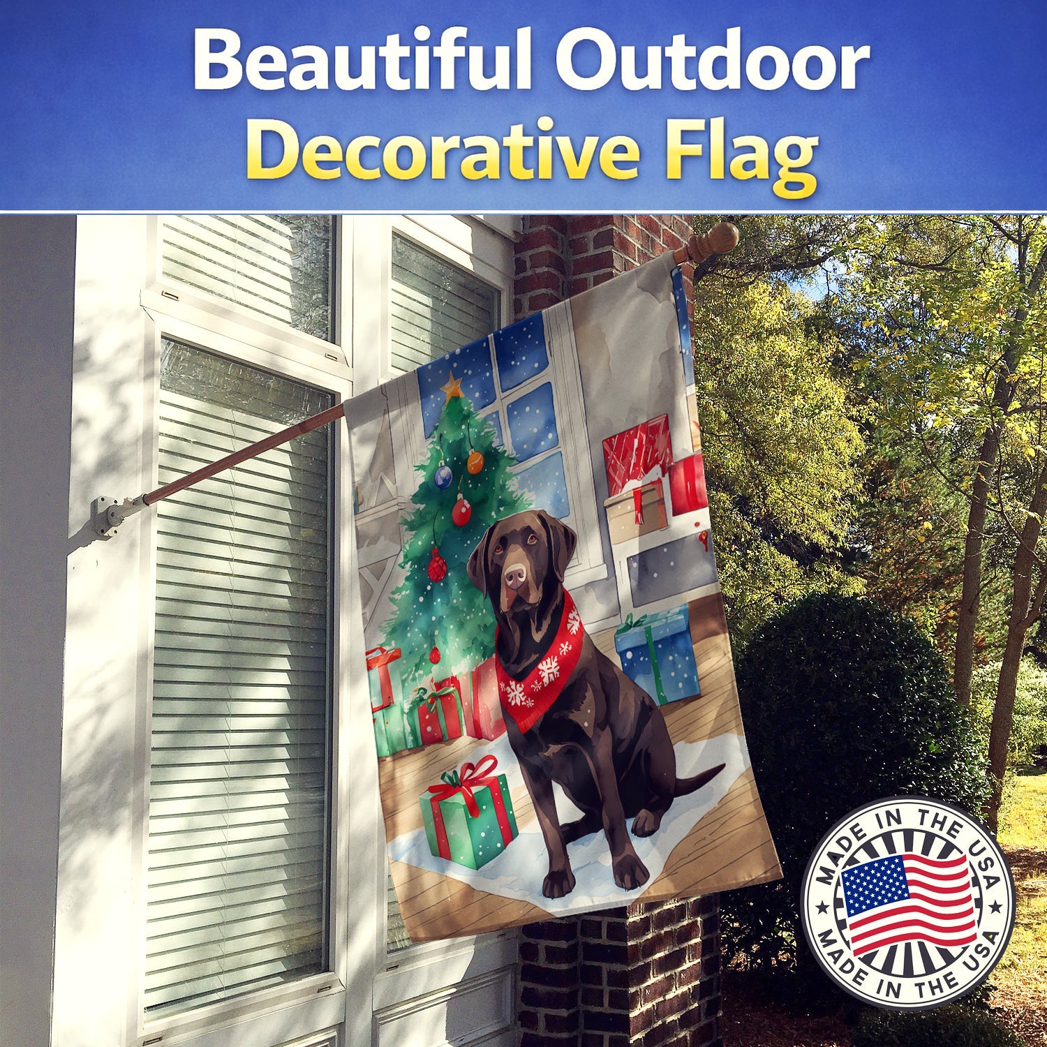 Chocolate Labrador Retriever Christmas House Flag 28x40 Porch Sleeve Pole Decorative Outside Yard Banner Artwork Wall Hanging, Polyester