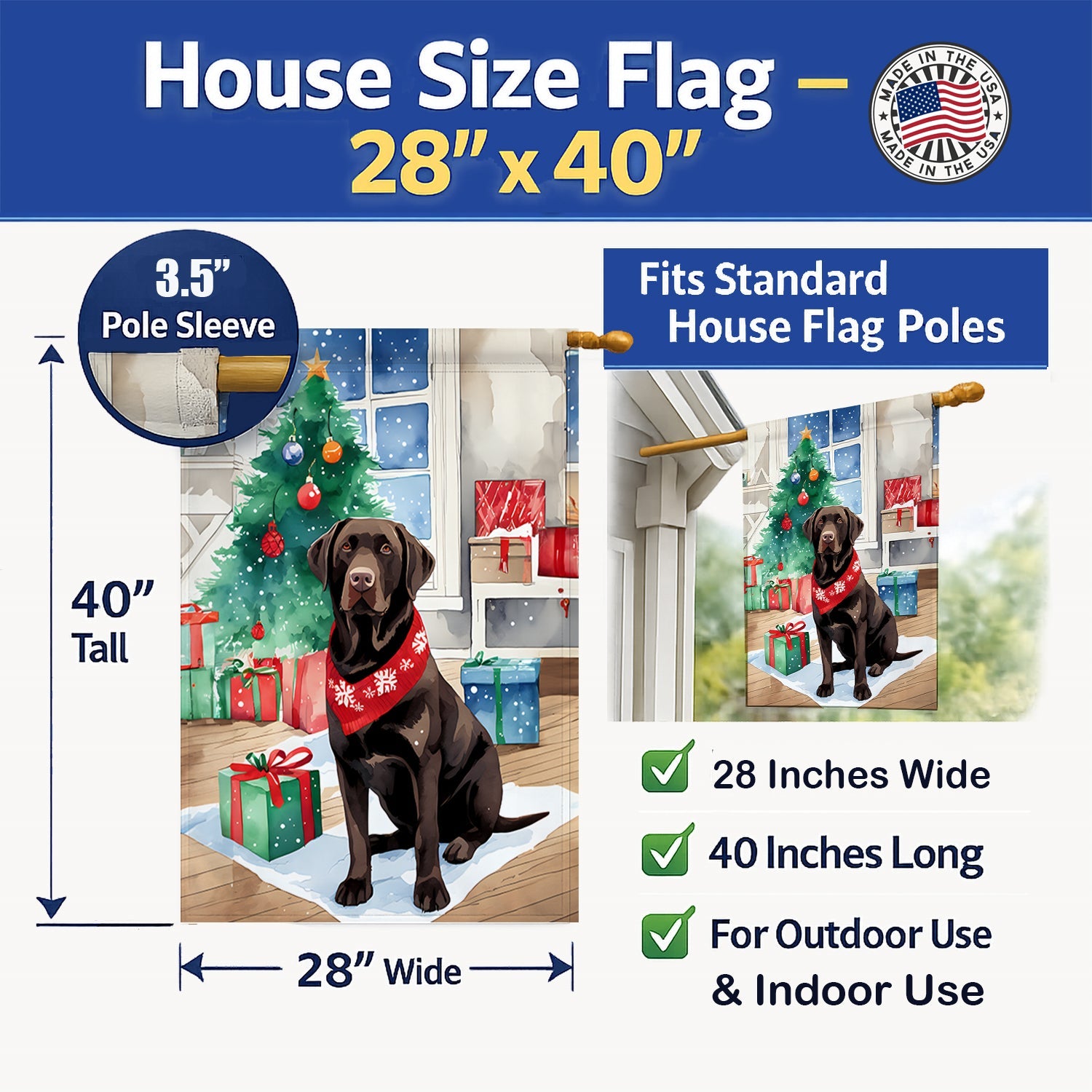 Chocolate Labrador Retriever Christmas House Flag 28x40 Porch Sleeve Pole Decorative Outside Yard Banner Artwork Wall Hanging, Polyester