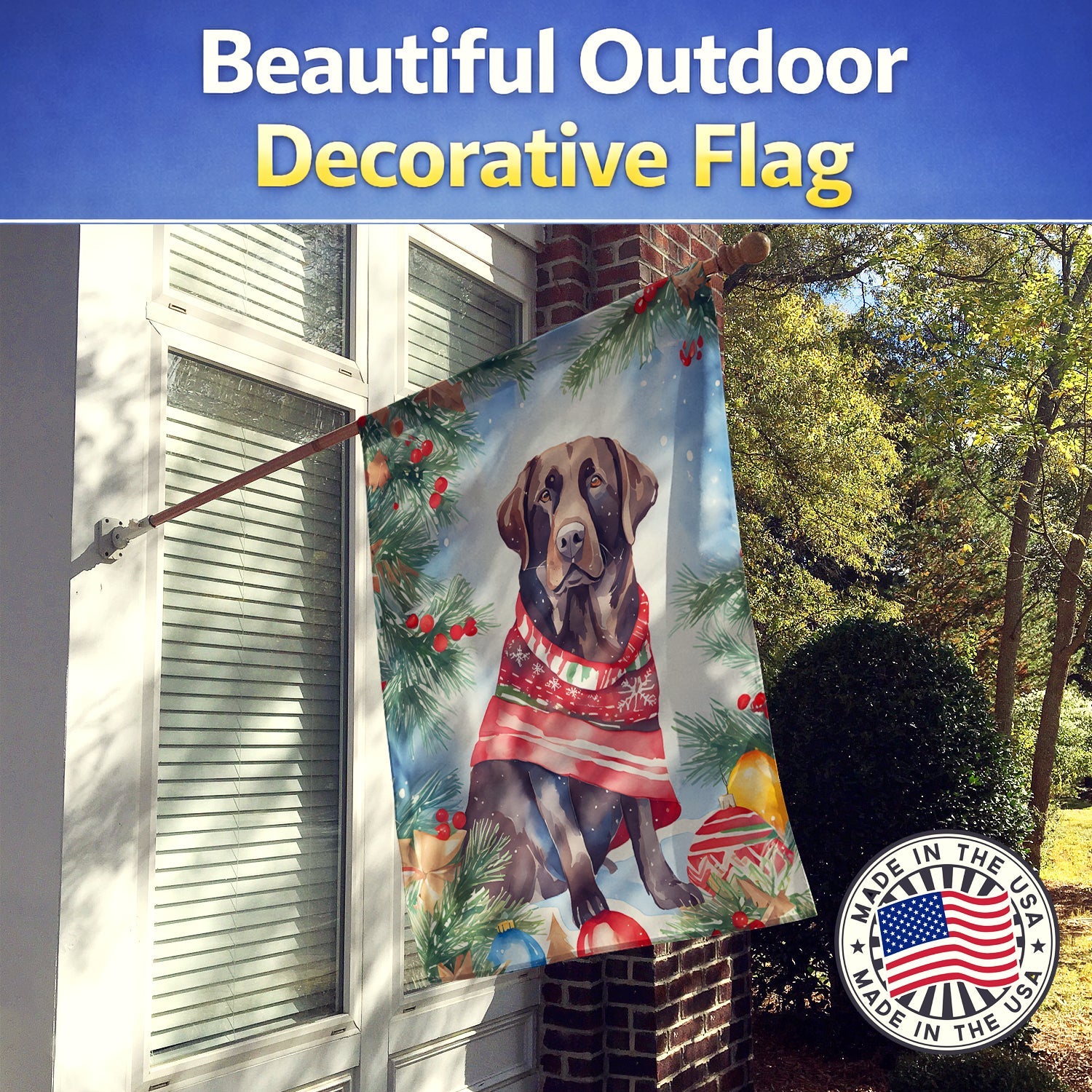 Chocolate Labrador Retriever Christmas House Flag 28x40 Porch Sleeve Pole Decorative Outside Yard Banner Artwork Wall Hanging, Polyester