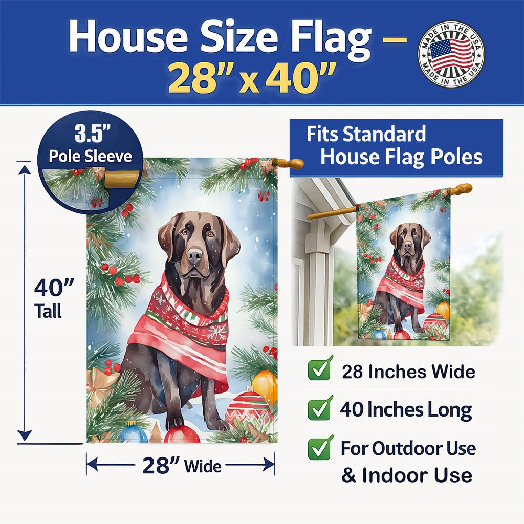 Chocolate Labrador Retriever Christmas House Flag 28x40 Porch Sleeve Pole Decorative Outside Yard Banner Artwork Wall Hanging, Polyester