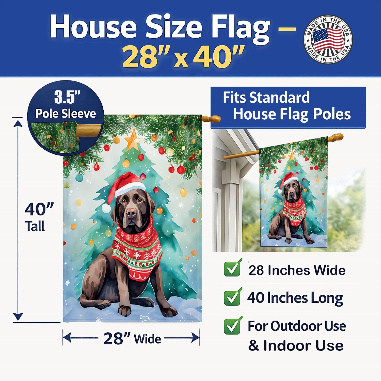 Chocolate Labrador Retriever Christmas House Flag 28x40 Porch Sleeve Pole Decorative Outside Yard Banner Artwork Wall Hanging, Polyester